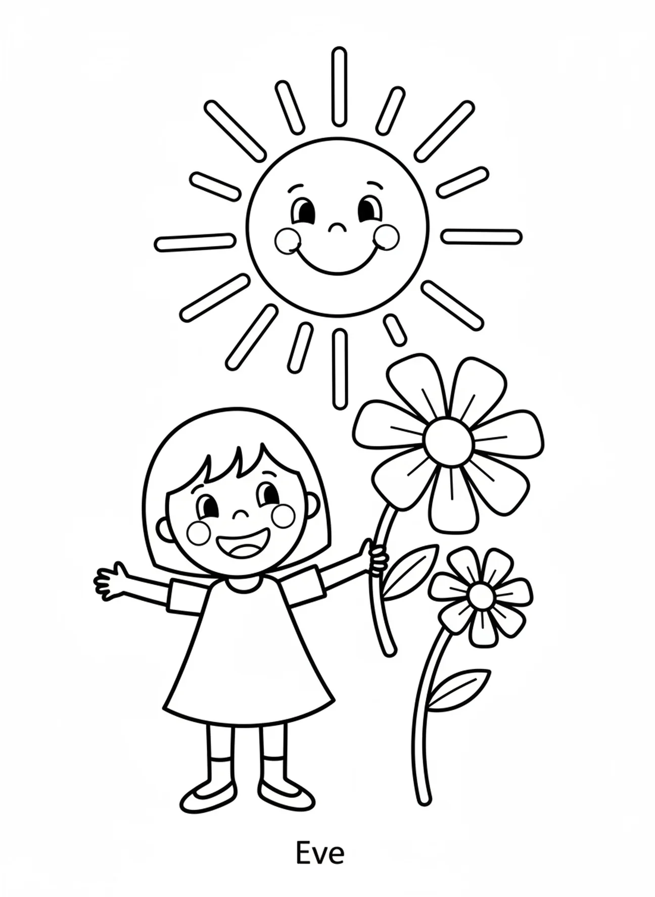 Ève cueillant des fleurs, page à colorier sur la Création d'Ève pour les enfants d'âge préscolaire de 3 à 5 ans