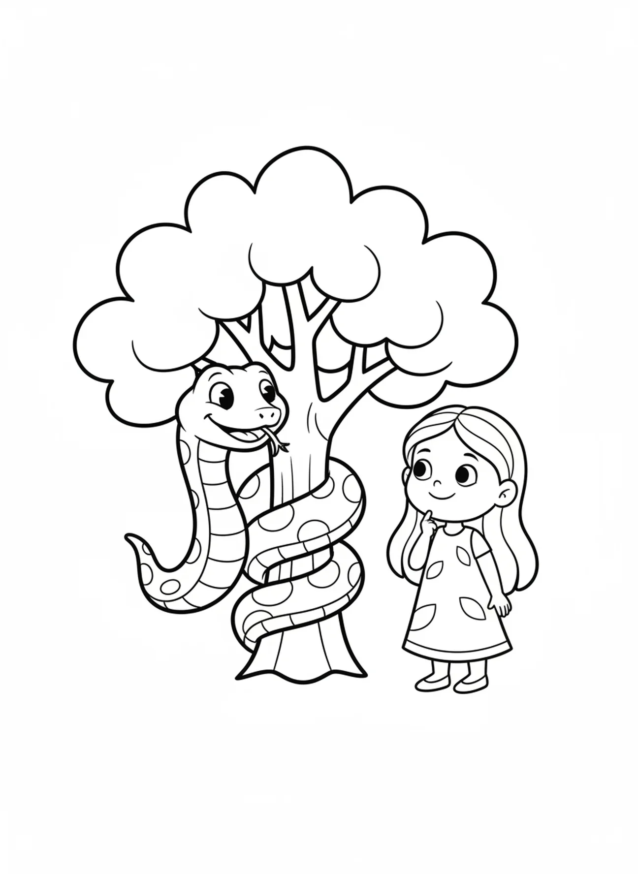 Serpent amical dans le jardin, page à colorier sur la création d'Ève pour les enfants d'âge préscolaire de 3 à 5 ans