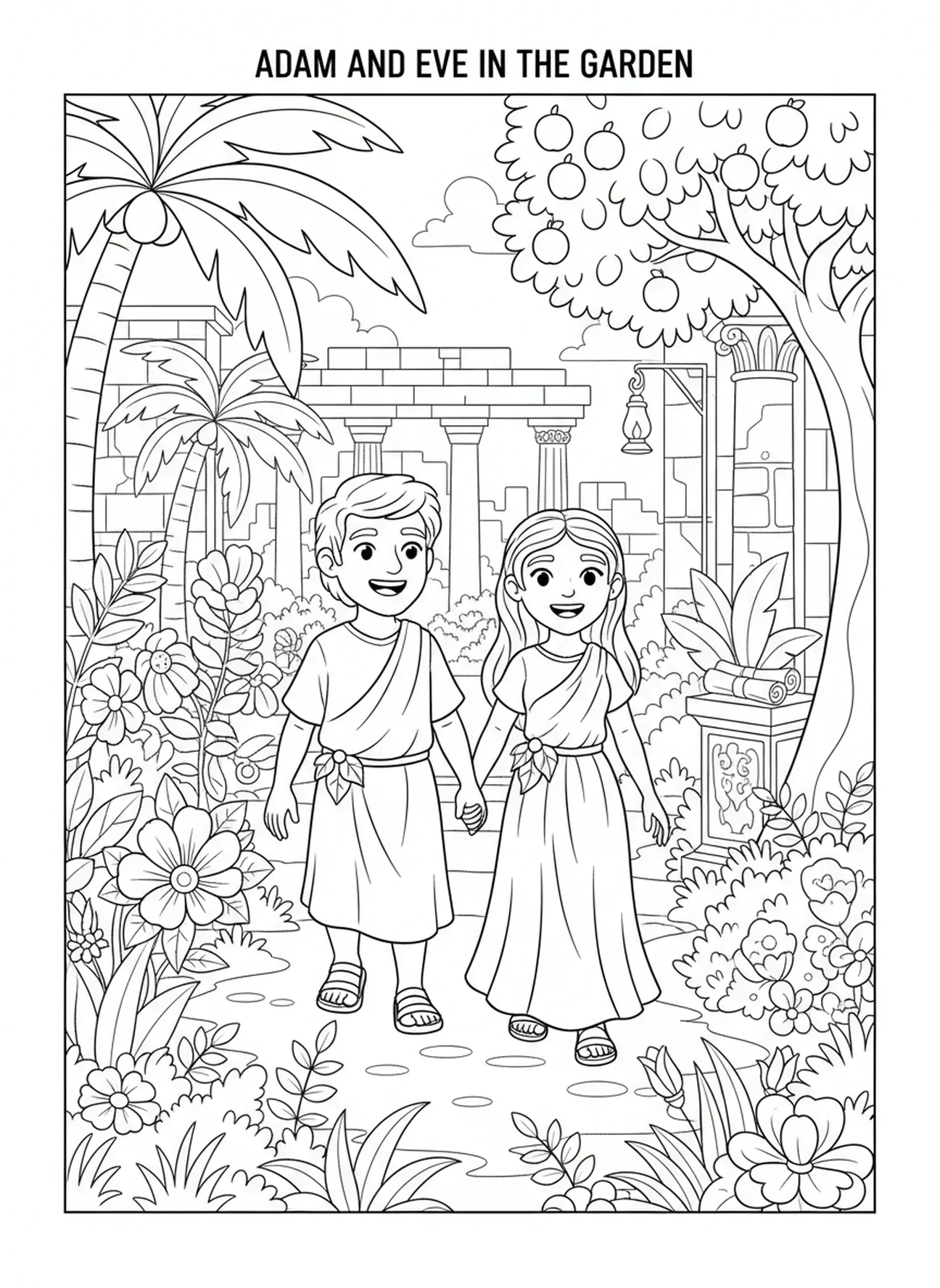 Adam et Ève marchant joyeusement, page à colorier sur la Création d'Ève pour les enfants de l'École du dimanche âgés de 5 à 12 ans.