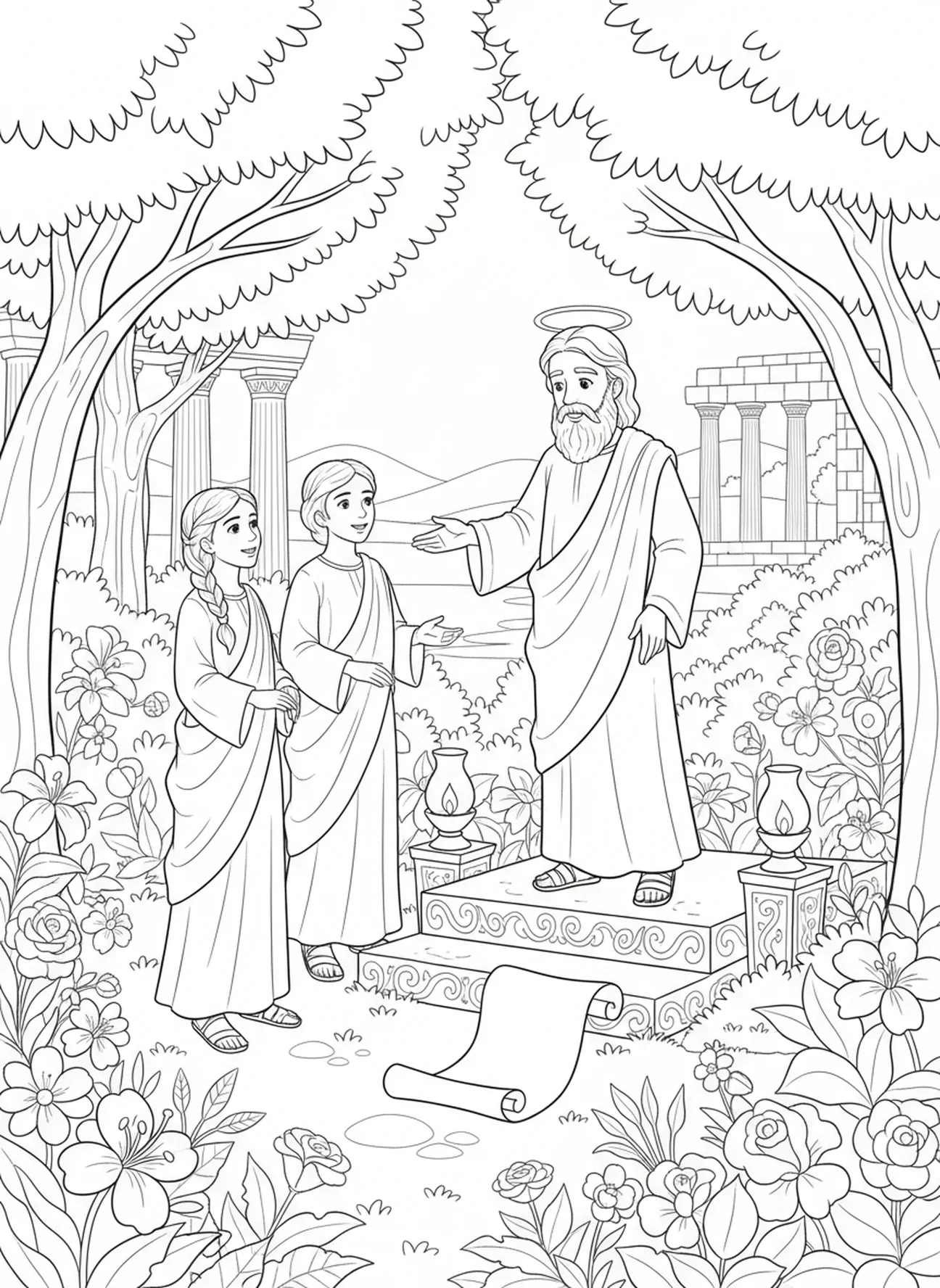 Dieu parlant à Adam et Ève, page à colorier sur la Création d'Ève pour les enfants de l'École du dimanche âgés de 5 à 12 ans.