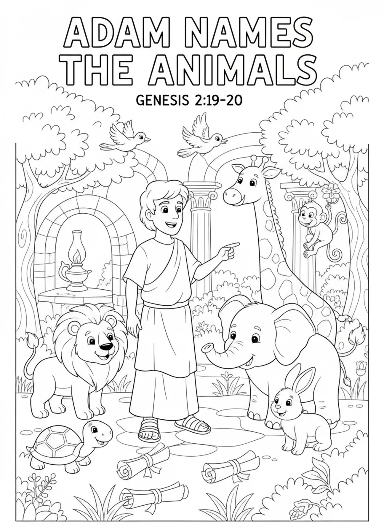 Adam nommant joyeusement les animaux, page à colorier sur la Création d'Eve pour les enfants de l'École du dimanche âgés de 5 à 12 ans.