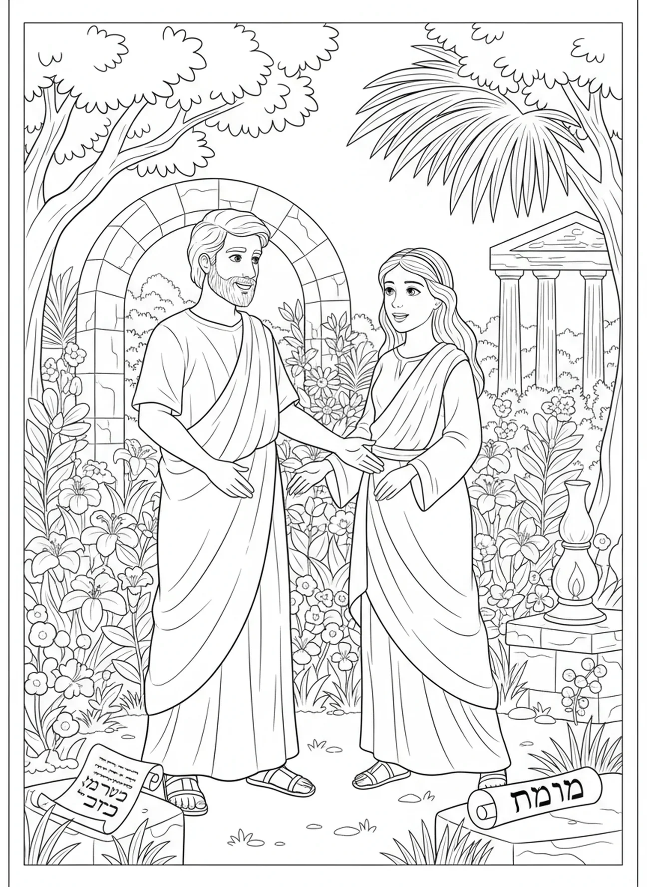 Eve rencontrant Adam, page à colorier sur la Création d'Eve pour les enfants de l'École du dimanche âgés de 5 à 12 ans.