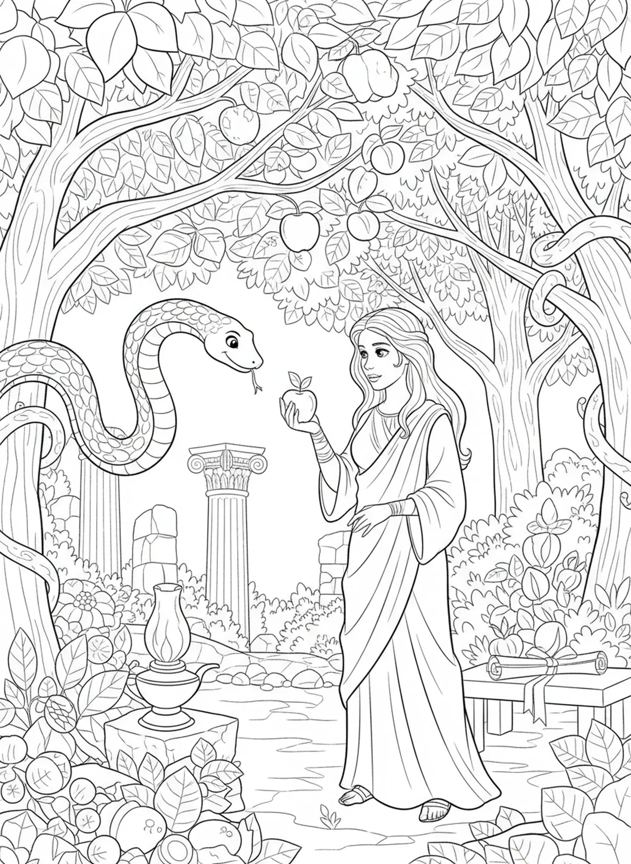 Serpent s'approchant d'Eve, page à colorier sur la Création d'Eve pour les enfants de l'École du dimanche âgés de 5 à 12 ans.