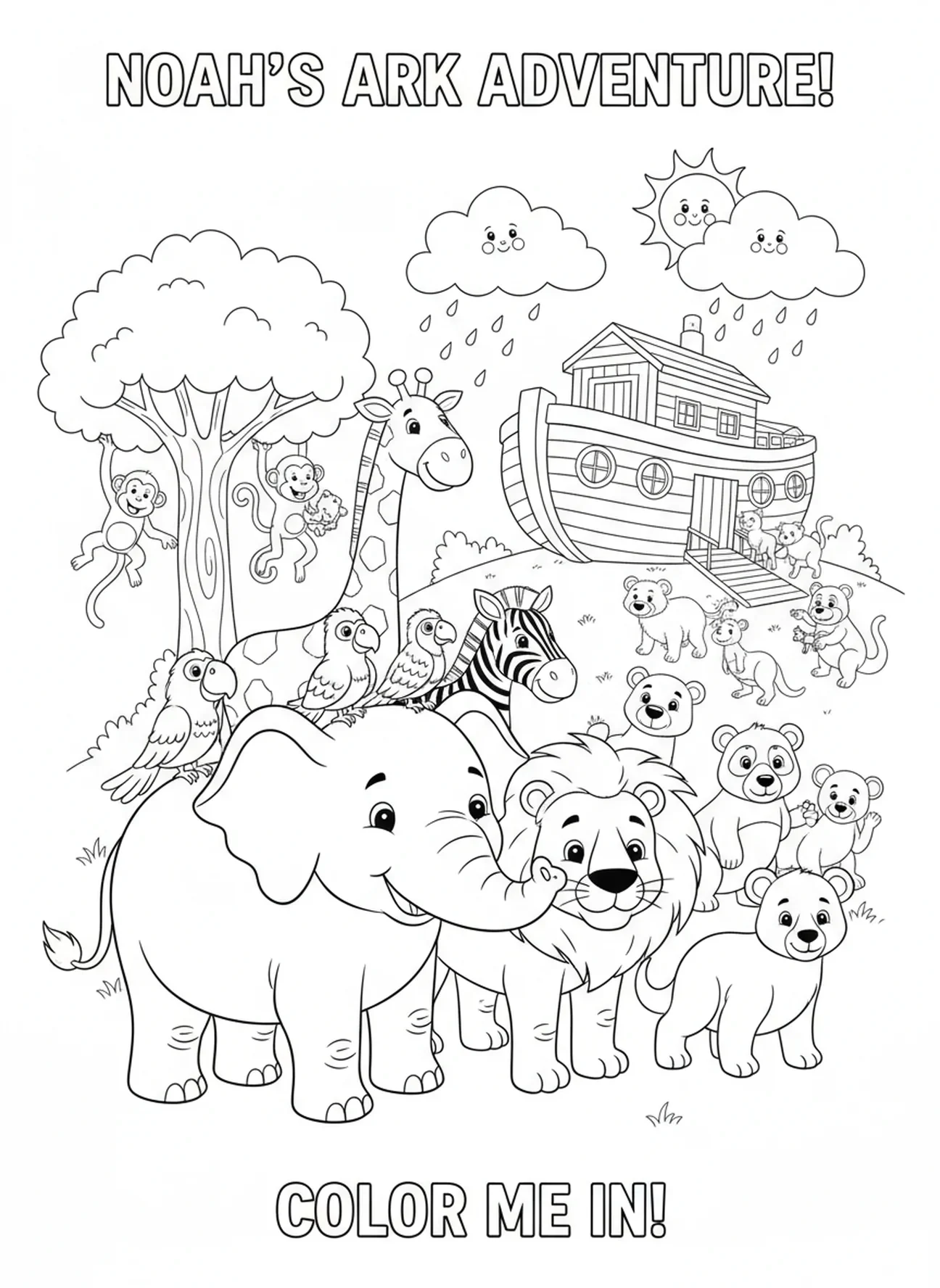 Divers animaux se rassemblent, page à colorier sur la Création du Monde pour les enfants de 5 à 10 ans.