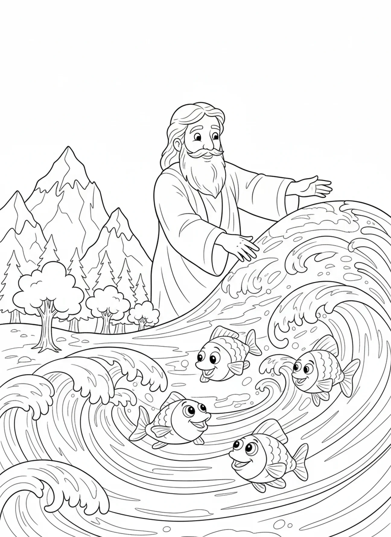Dieu formant la terre et l'eau, page à colorier sur la Création du Monde pour les enfants de 5 à 10 ans.