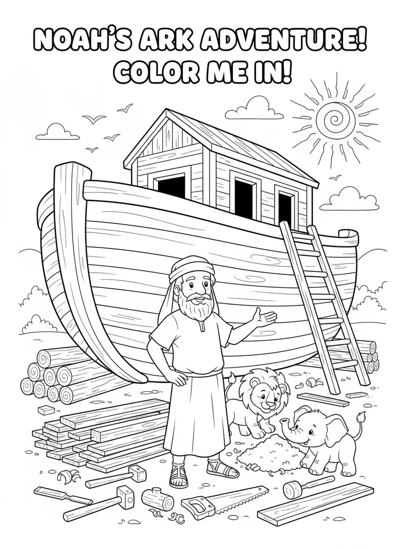 Noé à côté de son arche à moitié construite, page à colorier sur la Création du Monde pour les enfants de 5 à 10 ans.