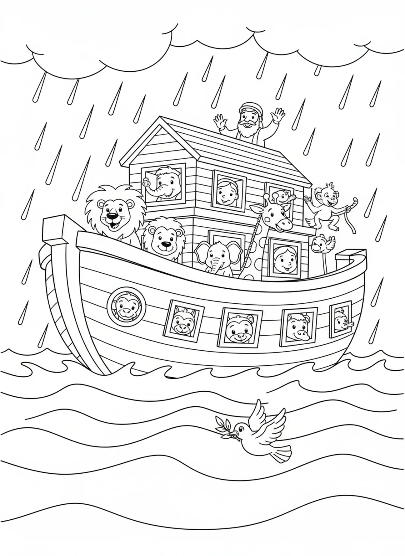 L'arche de Noé terminée naviguant, page à colorier sur la Création du Monde pour les enfants de 5 à 10 ans.