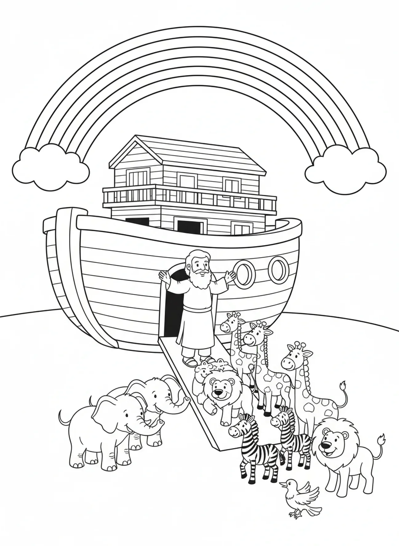 Noé accueillant les animaux montant à bord de l'arche, page à colorier sur la Création du Monde pour les enfants de 5 à 10 ans.