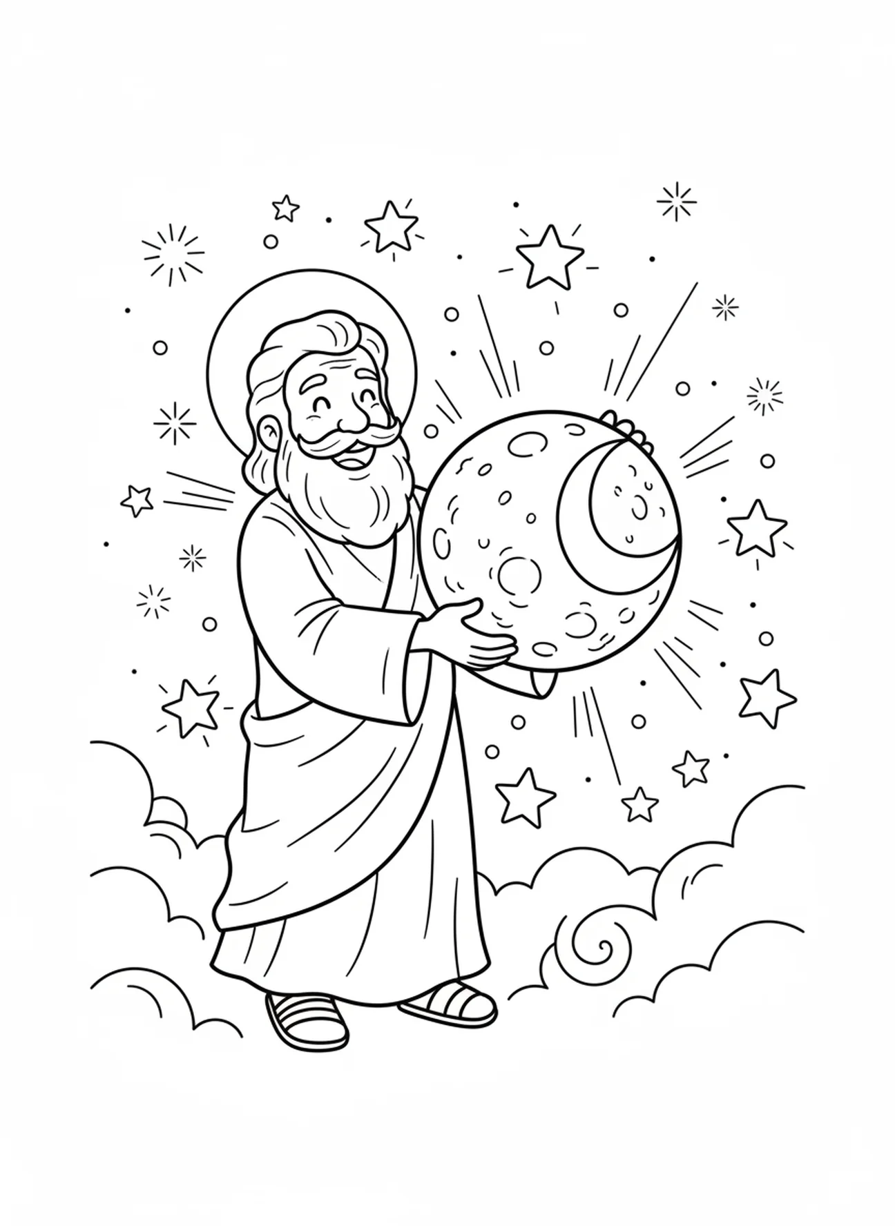 Deus criando a lua, página para colorir sobre a Criação Sol Lua Estrelas para crianças de 5 a 10 anos