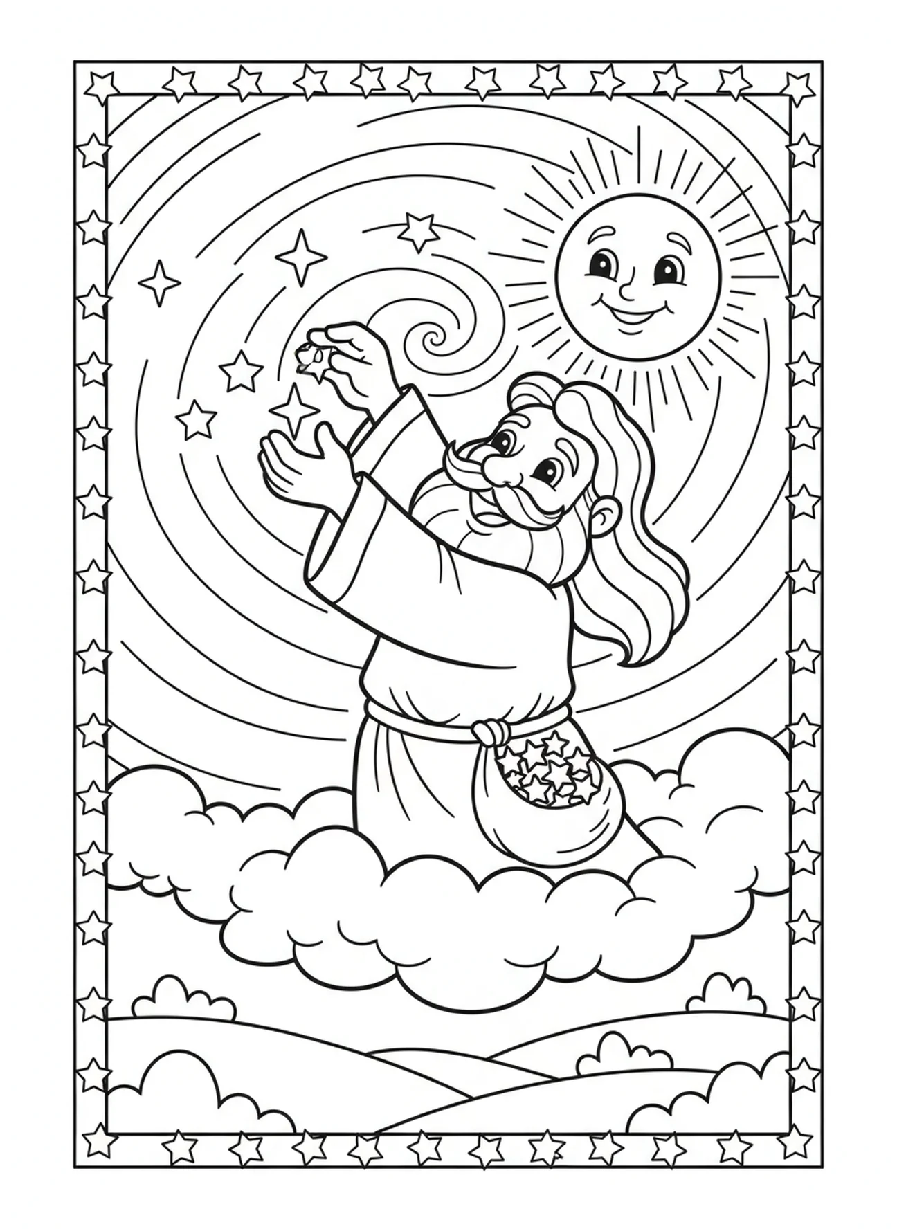 Deus alegre colocando estrelas, página para colorir sobre a Criação Sol Lua Estrelas para crianças de 5 a 10 anos