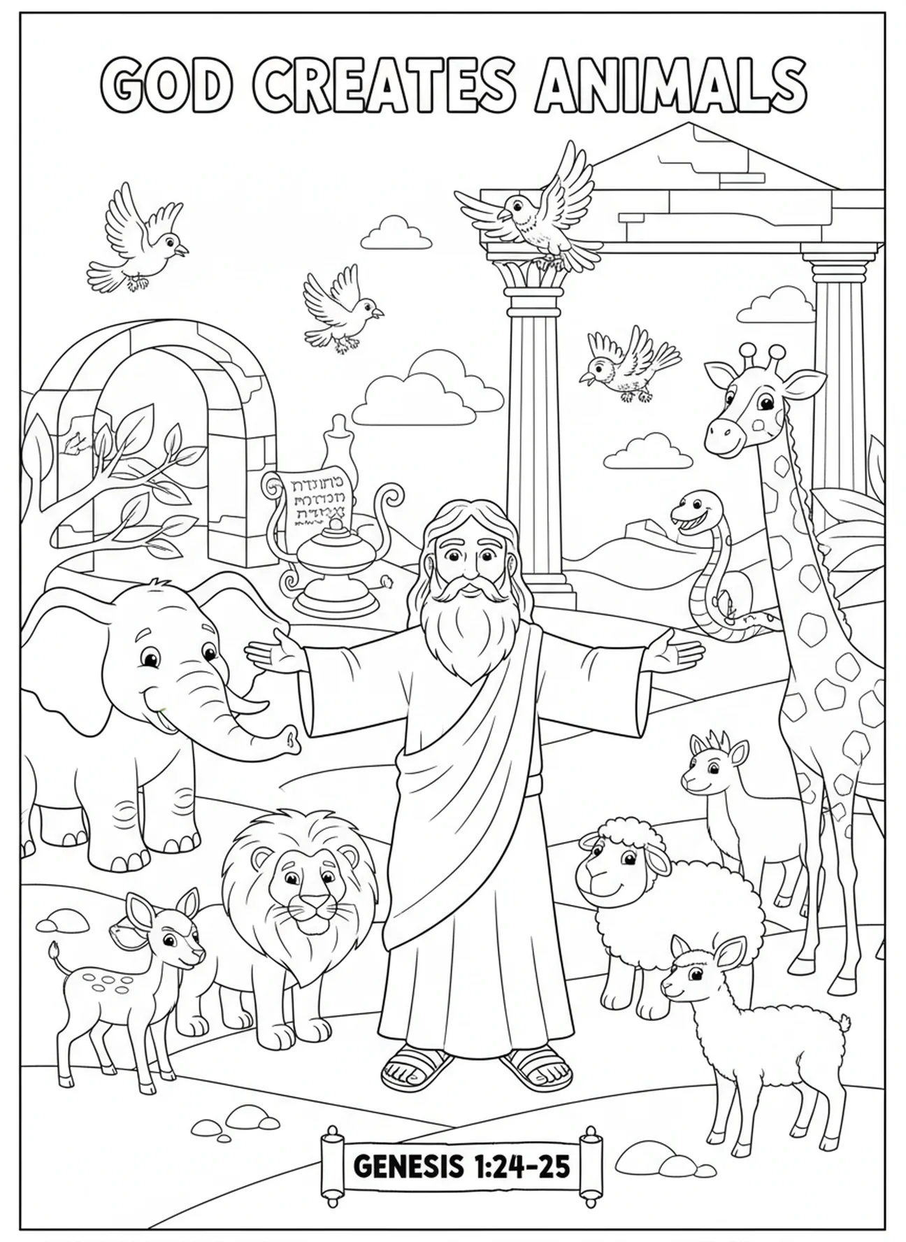 Variedade de animais, página para colorir sobre a Criação Sol Lua Estrelas para crianças da Escola Dominical de 5 a 12 anos.