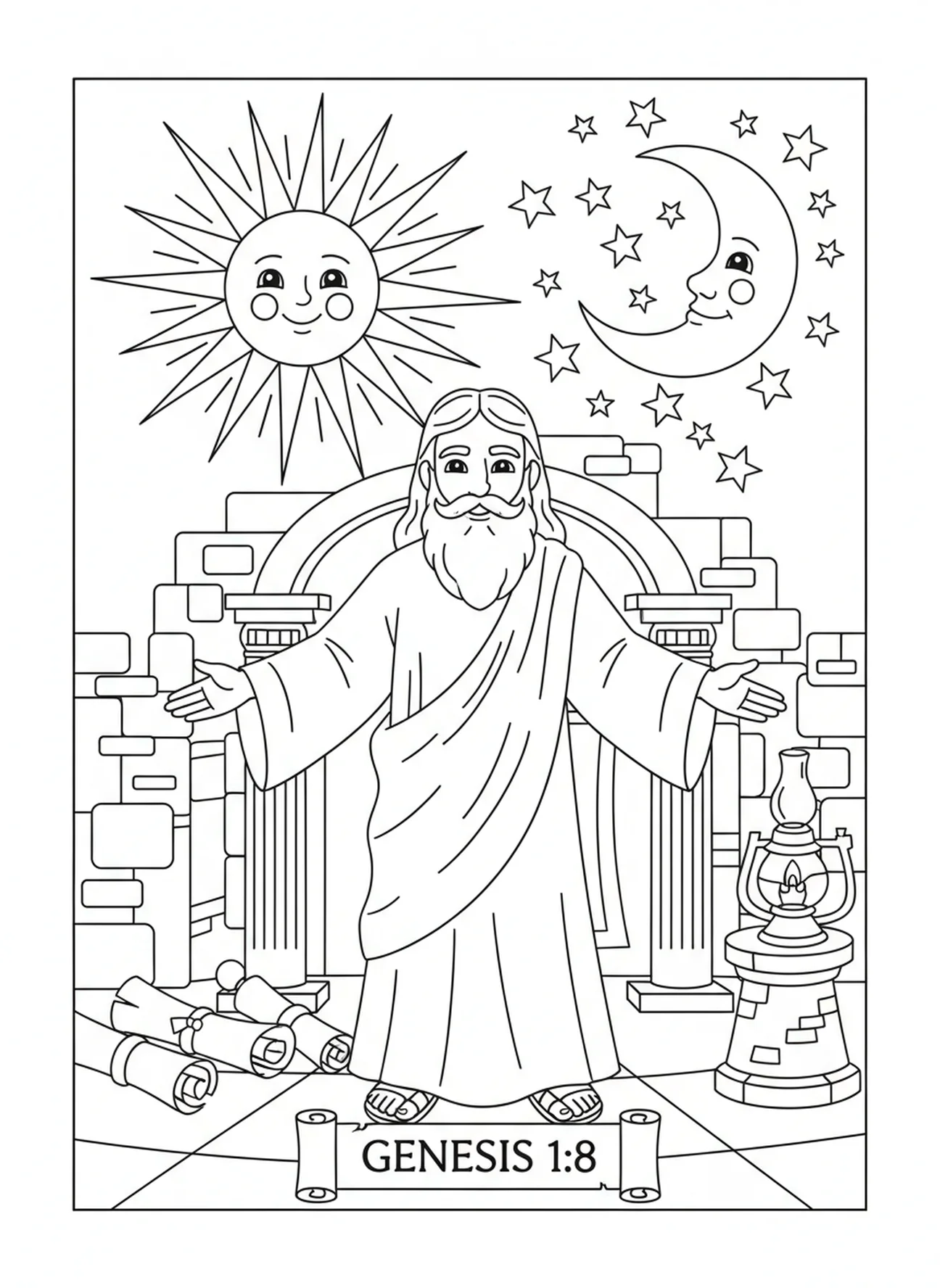Sol brilhante e lua crescente, página de colorir da Criação Sol Lua Estrelas para crianças da Escola Dominical de 5 a 12 anos.