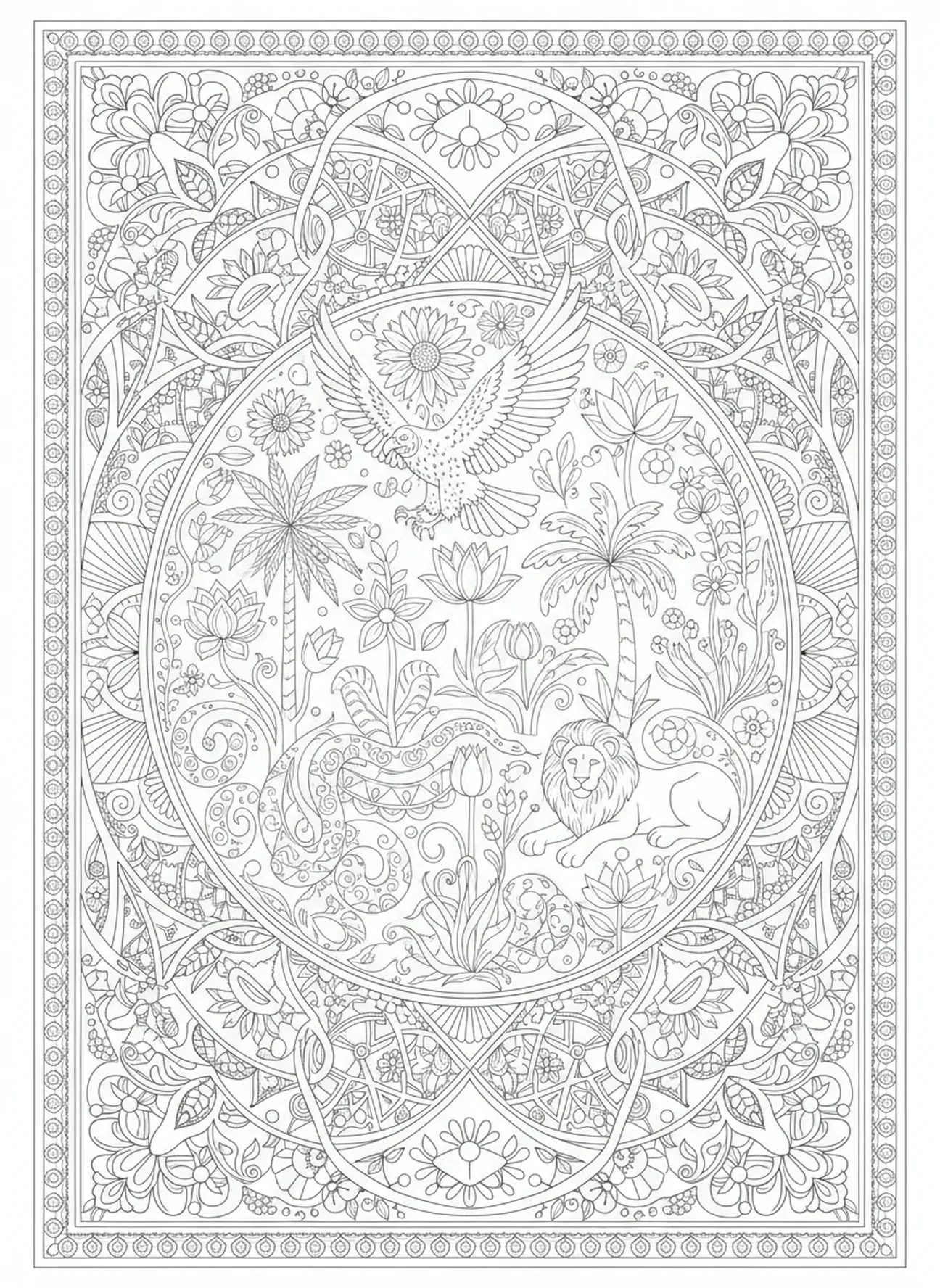 Variété de flore et de faune, page à colorier sur la Création pour le journal biblique pour adultes.