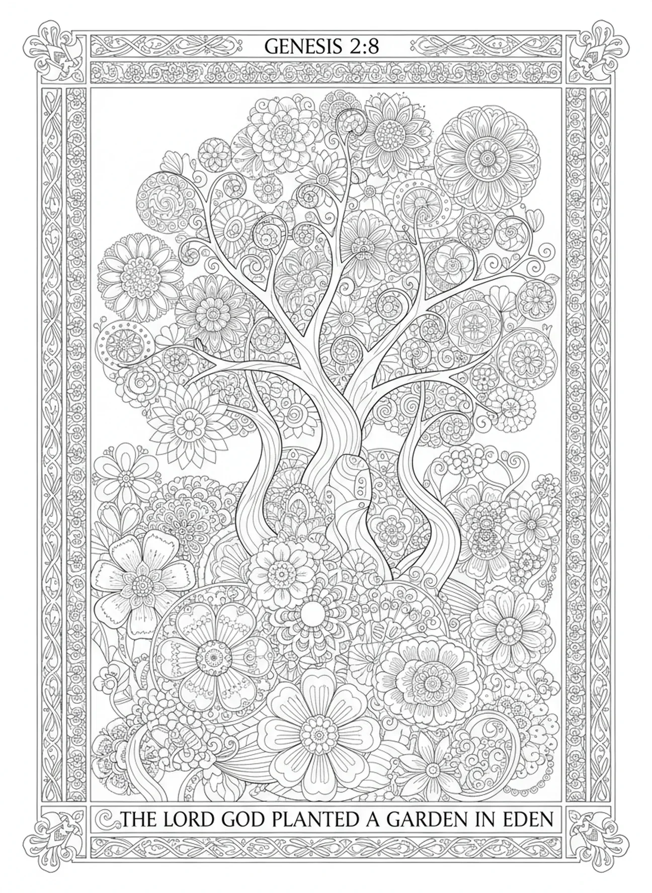 Jardin d'Éden luxuriant, page à colorier sur la création pour le journal biblique des adultes.