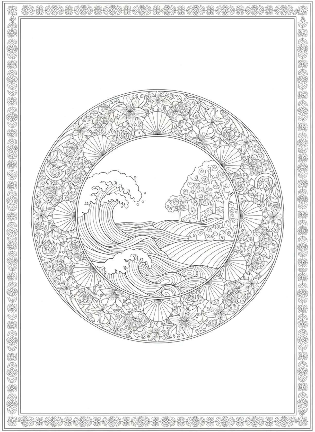 Vagues ondulantes et paysages luxuriants, page à colorier de la Création pour le journaling biblique.
