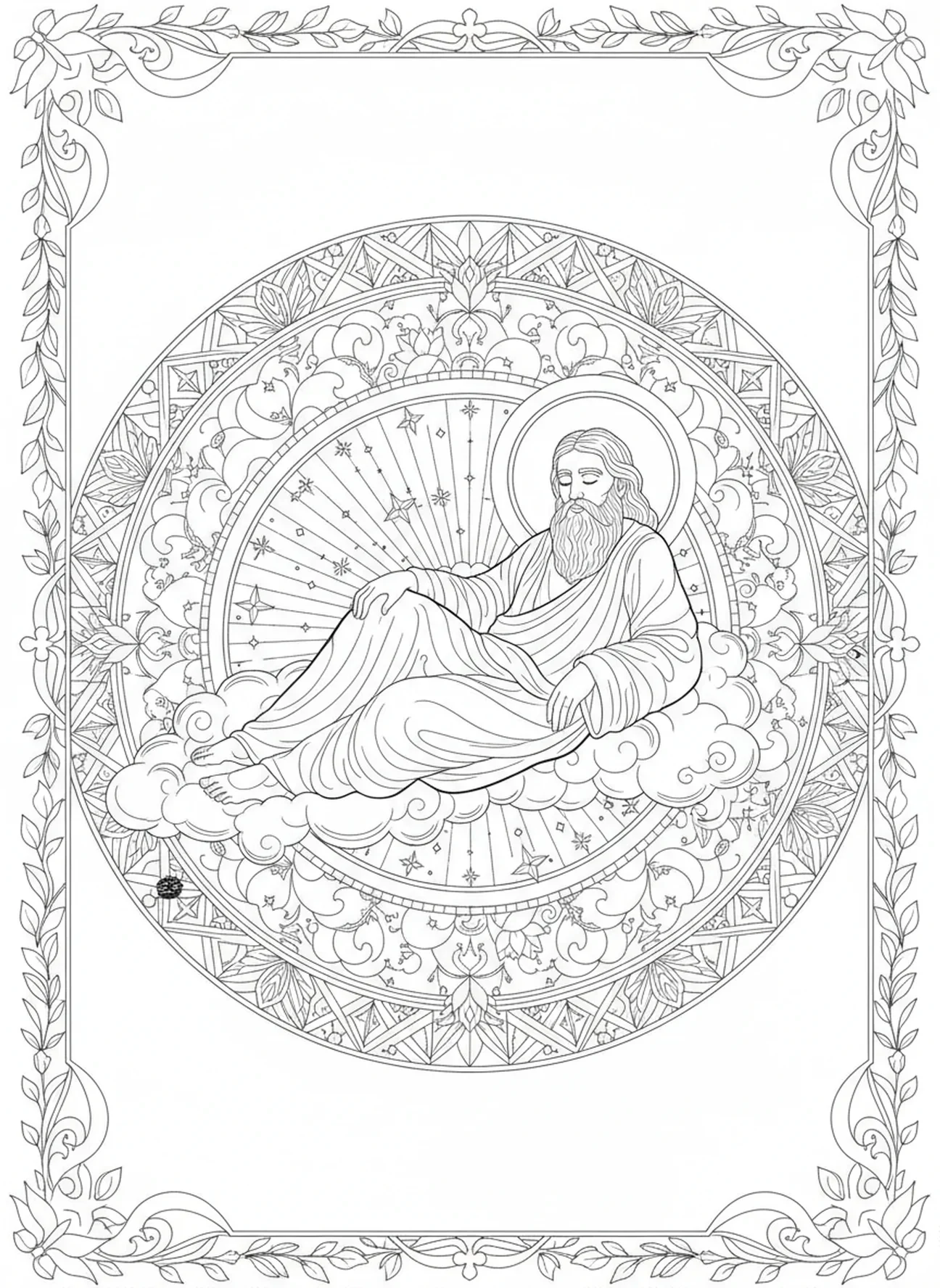 Dieu se reposant le septième jour, page à colorier sur la Création pour le style de journal biblique pour adultes.