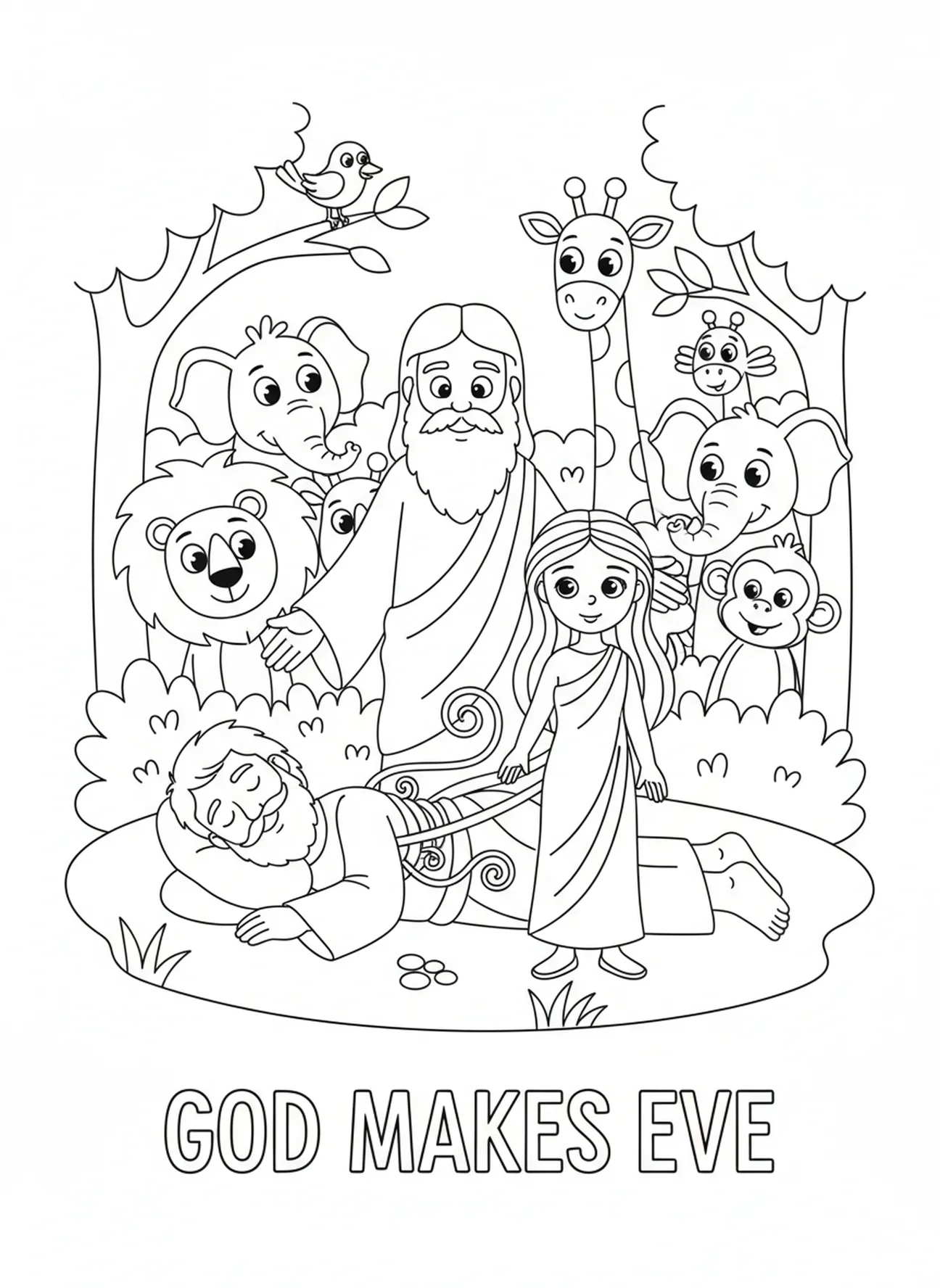 Dios creando a Eva, página para colorear de la Creación para niños de 5 a 10 años