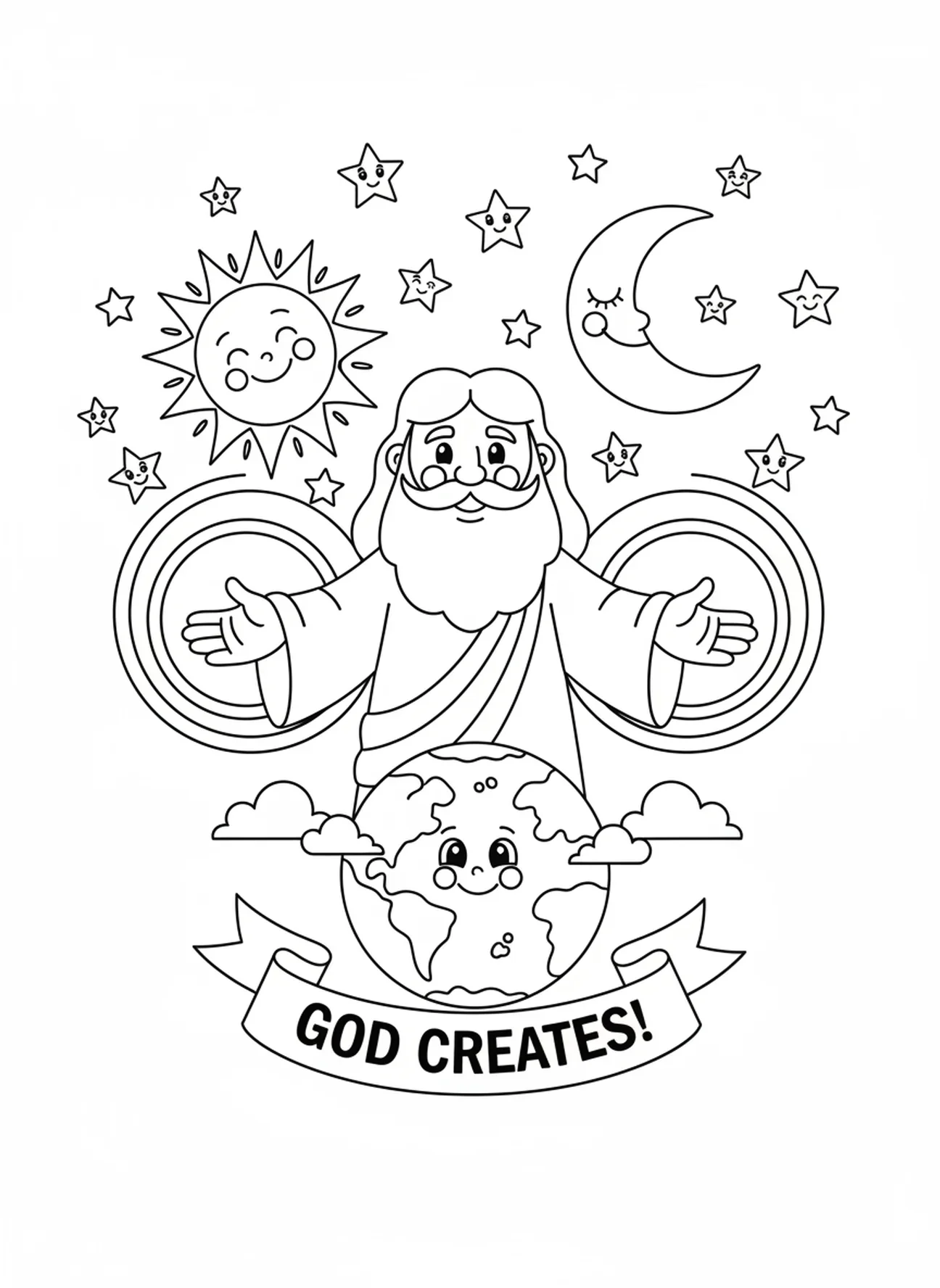 Sol y luna con estrellas, página para colorear de la Creación para niños de 5 a 10 años