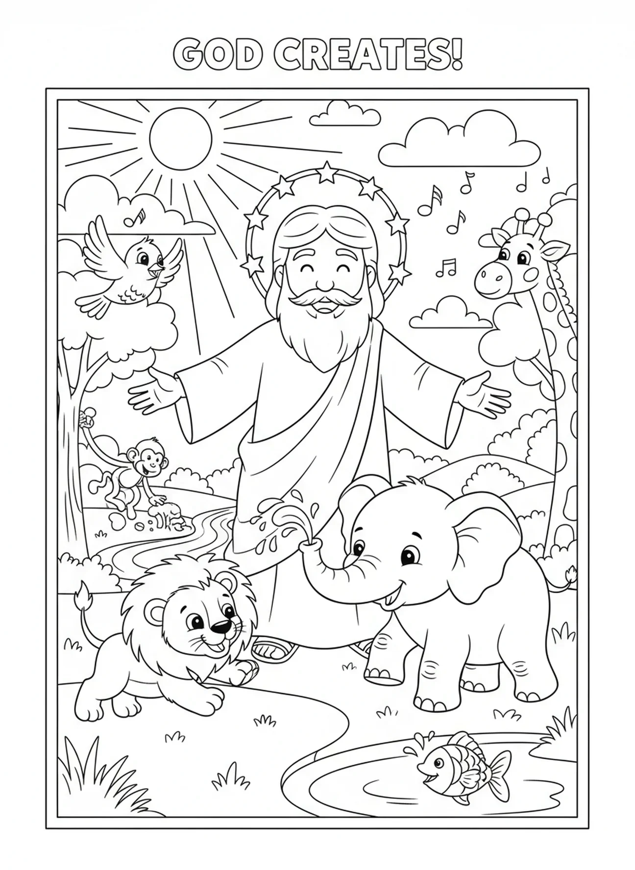 Animales alrededor de Dios, página para colorear de la Creación para niños de 5 a 10 años