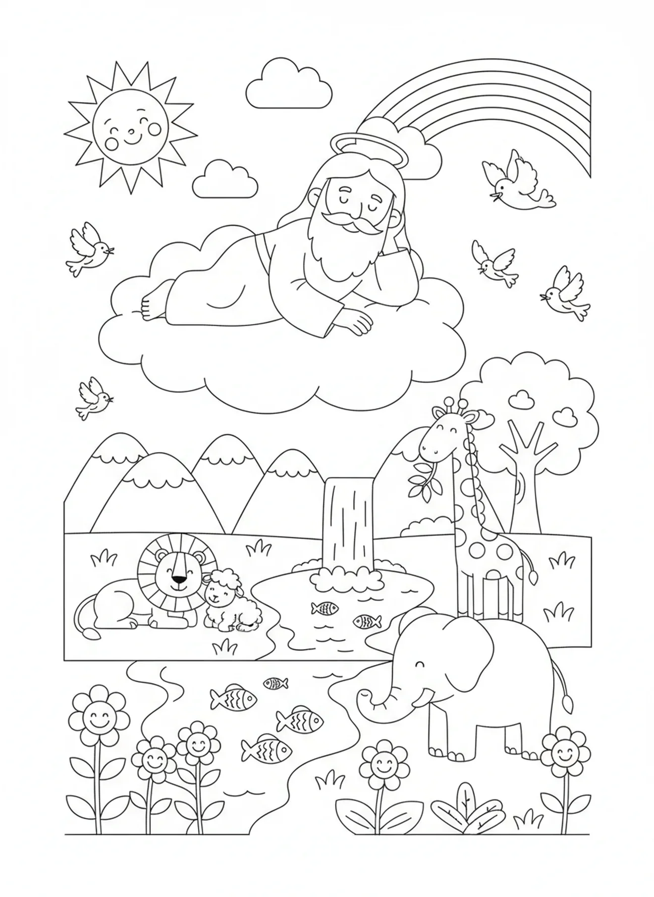 Dios descansando en el séptimo día, página para colorear de la Creación para niños de 5 a 10 años