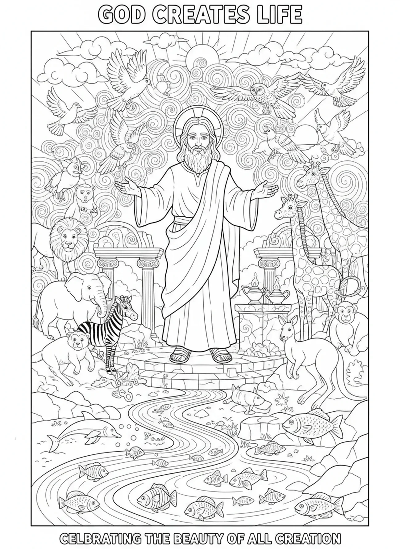 Deus criando animais, página para colorir sobre a Criação para crianças da Escola Dominical de 5 a 12 anos.
