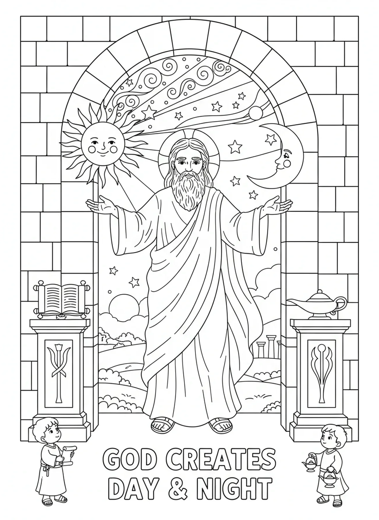 Deus criando o sol e a lua, página de colorir da Criação para crianças da Escola Dominical de 5 a 12 anos.