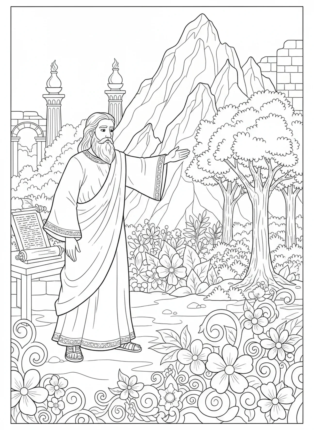 Deus criando a terra e as plantas, página de colorir sobre a Criação para crianças da Escola Dominical de 5 a 12 anos.