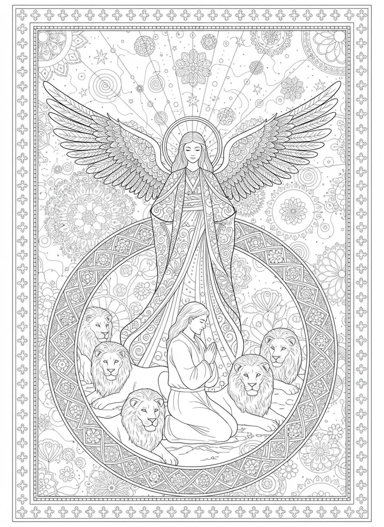 Anjo radiante acima de Daniel, página de colorir do anjo na cova dos leões fechando a boca dos leões, estilo de journaling bíblico para adultos.