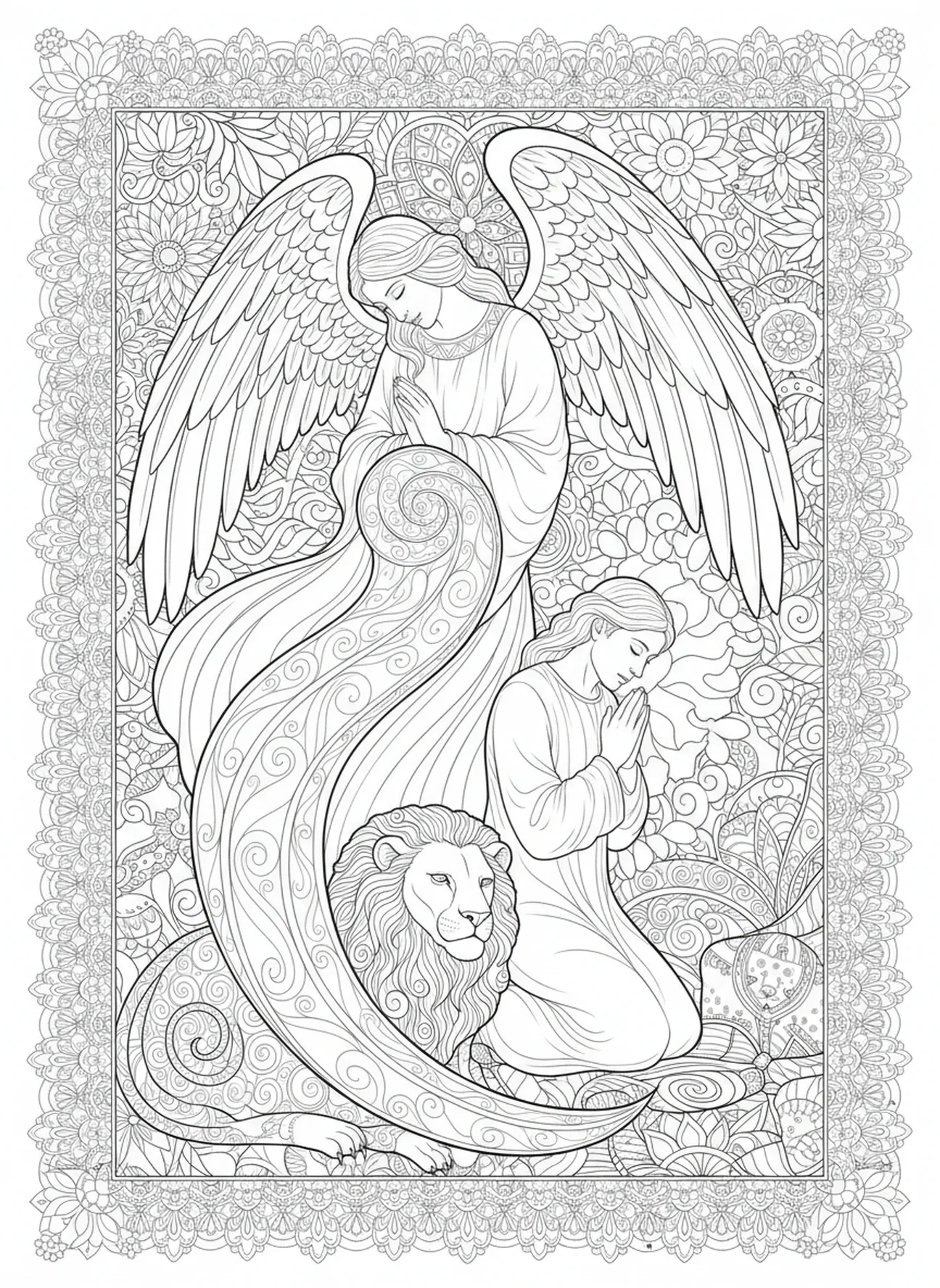 Anjo proporcionando proteção a Daniel, página de colorir sobre Daniel na cova dos leões, anjo fechando a boca dos leões, estilo de journaling bíblico para adultos.