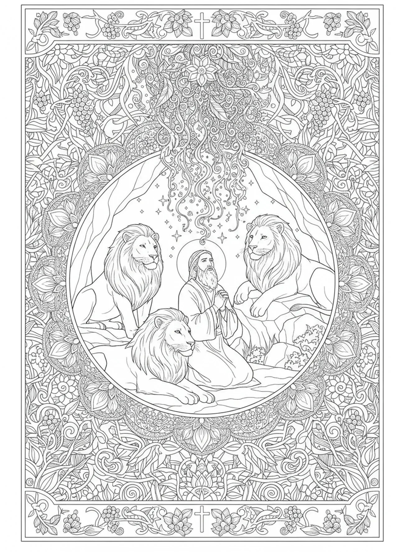 Cena noturna na cova dos leões, página para colorir Daniel na cova dos leões com o anjo fechando a boca dos leões, estilo de journaling bíblico para adultos.