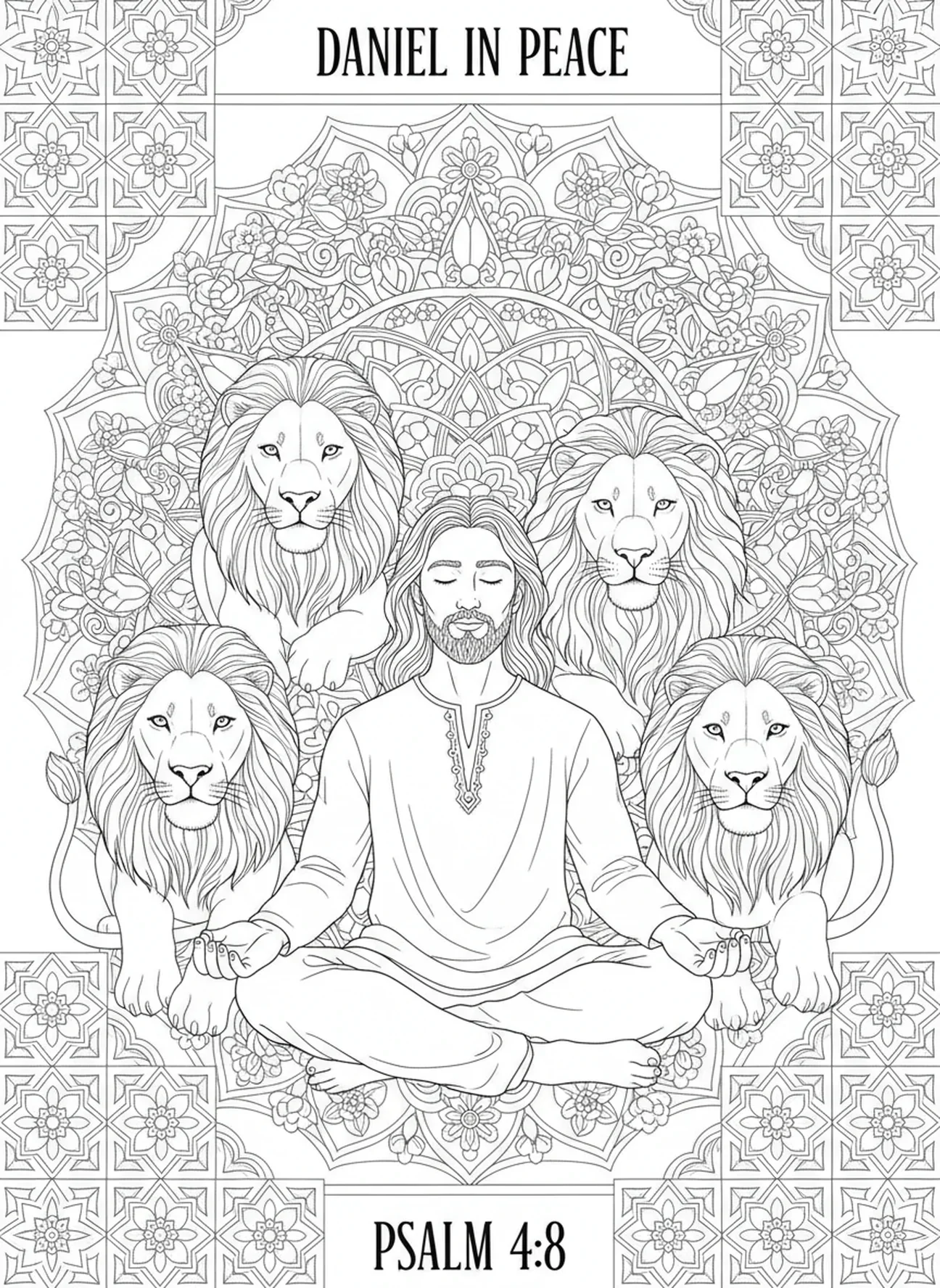 Daniel meditando entre leões, página para colorir do Anjo fechando a boca dos leões na cova de Daniel, estilo de journaling bíblico para adultos.
