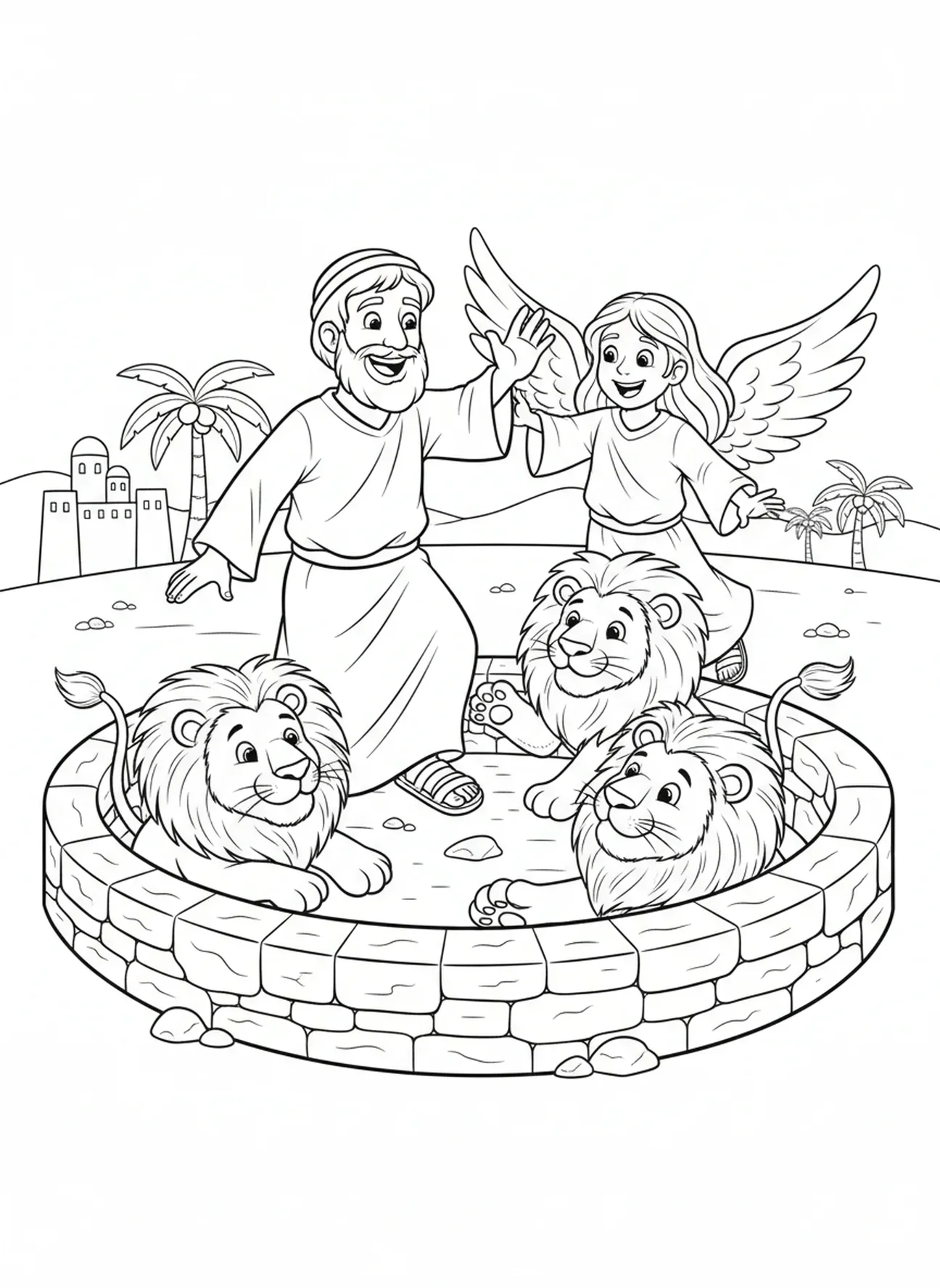 Daniel acenando adeus para os leões, página para colorir sobre Daniel na cova dos leões com o anjo fechando a boca dos leões, para crianças de 5 a 10 anos.