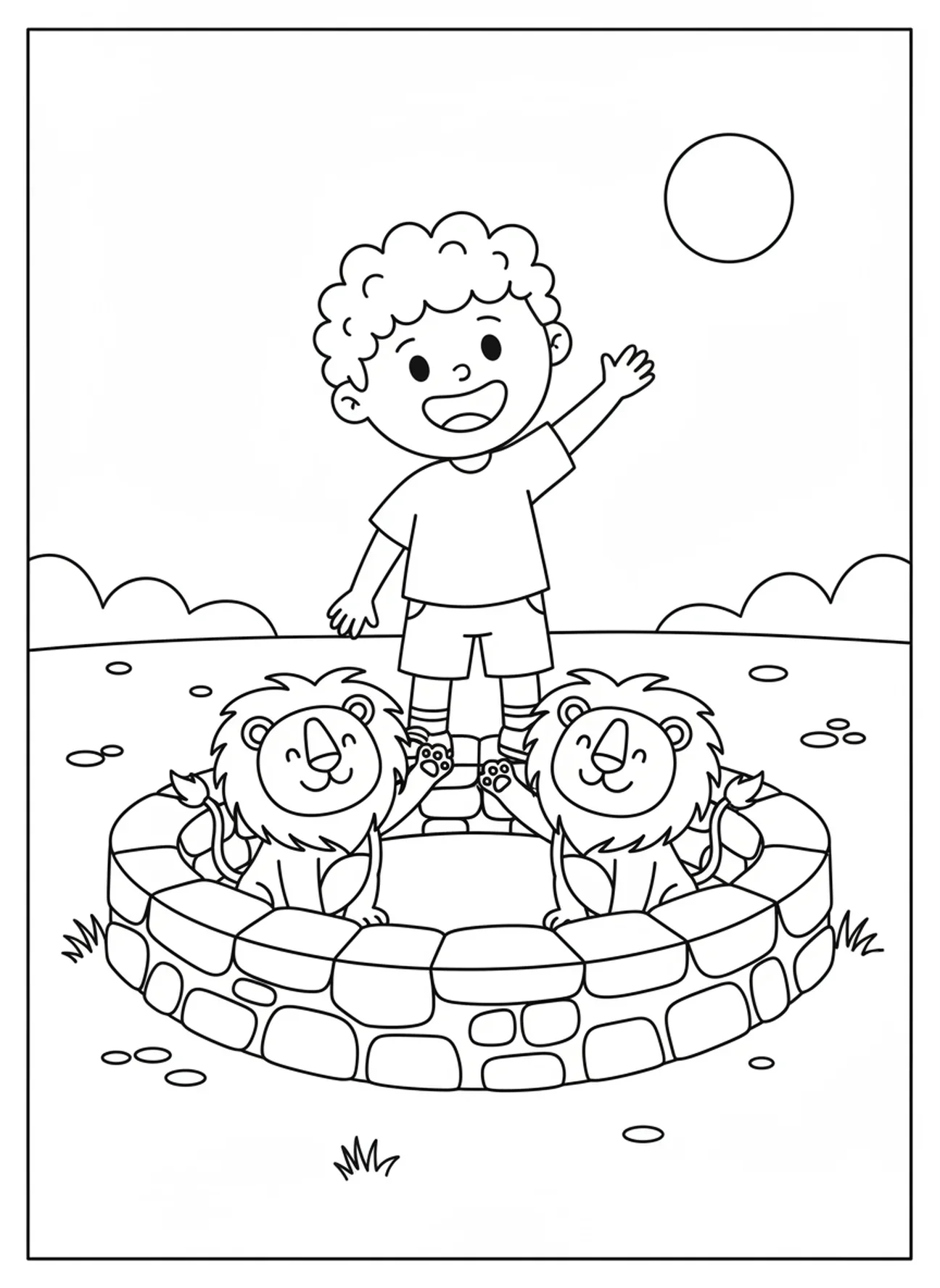 Lächelnder Daniel winkt zwei glücklichen Löwen zum Abschied zu, Ausmalbild von Daniel in der Löwengrube, Engel schließt die Mäuler der Löwen für Vorschulkinder im Alter von 3-5 Jahren.