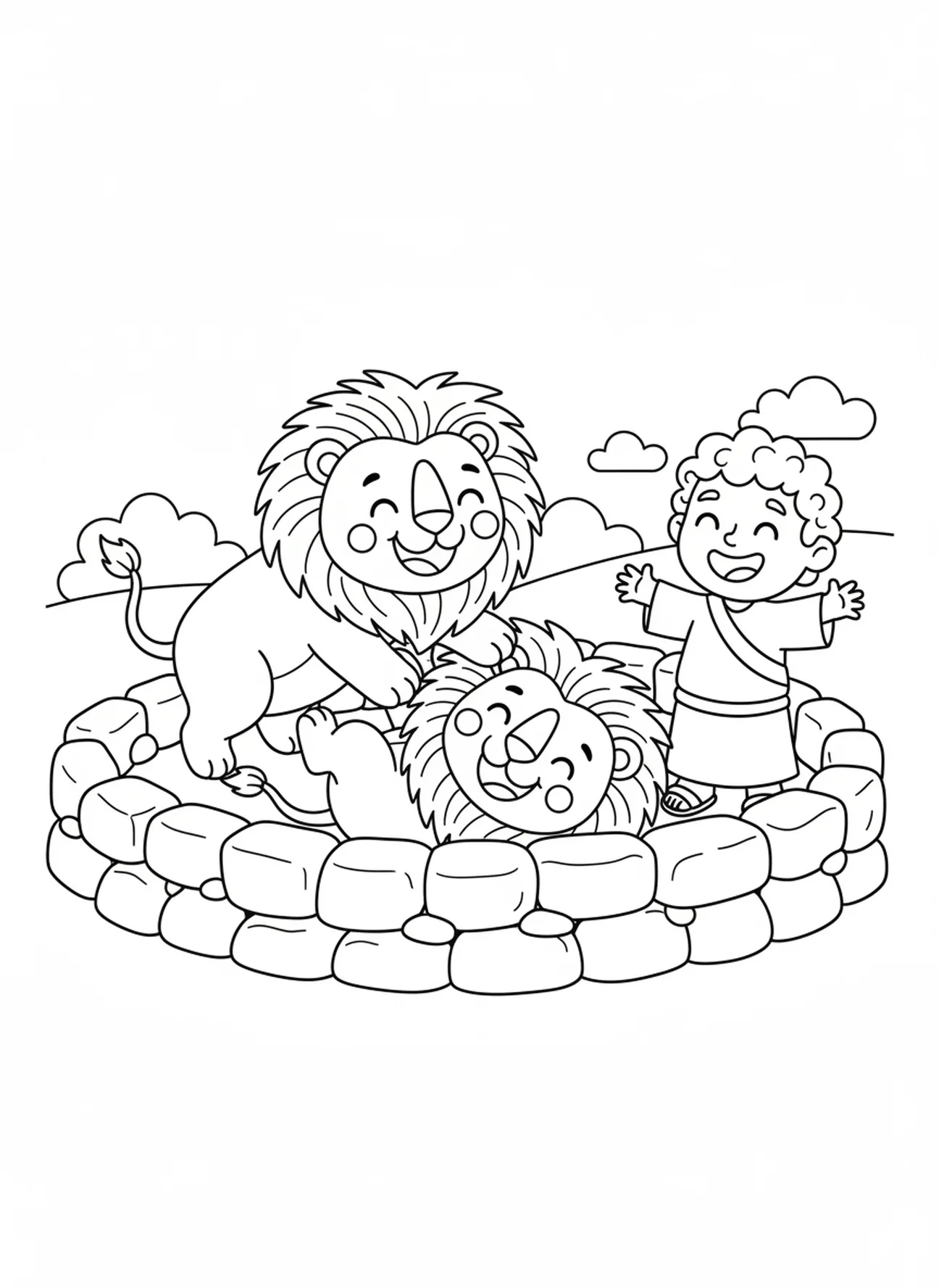 Zwei verspielte Cartoon-Löwen mit dem lächelnden Daniel, der die Löwen im Löwengraben zähmt, Ausmalbild für Vorschulkinder im Alter von 3-5 Jahren.