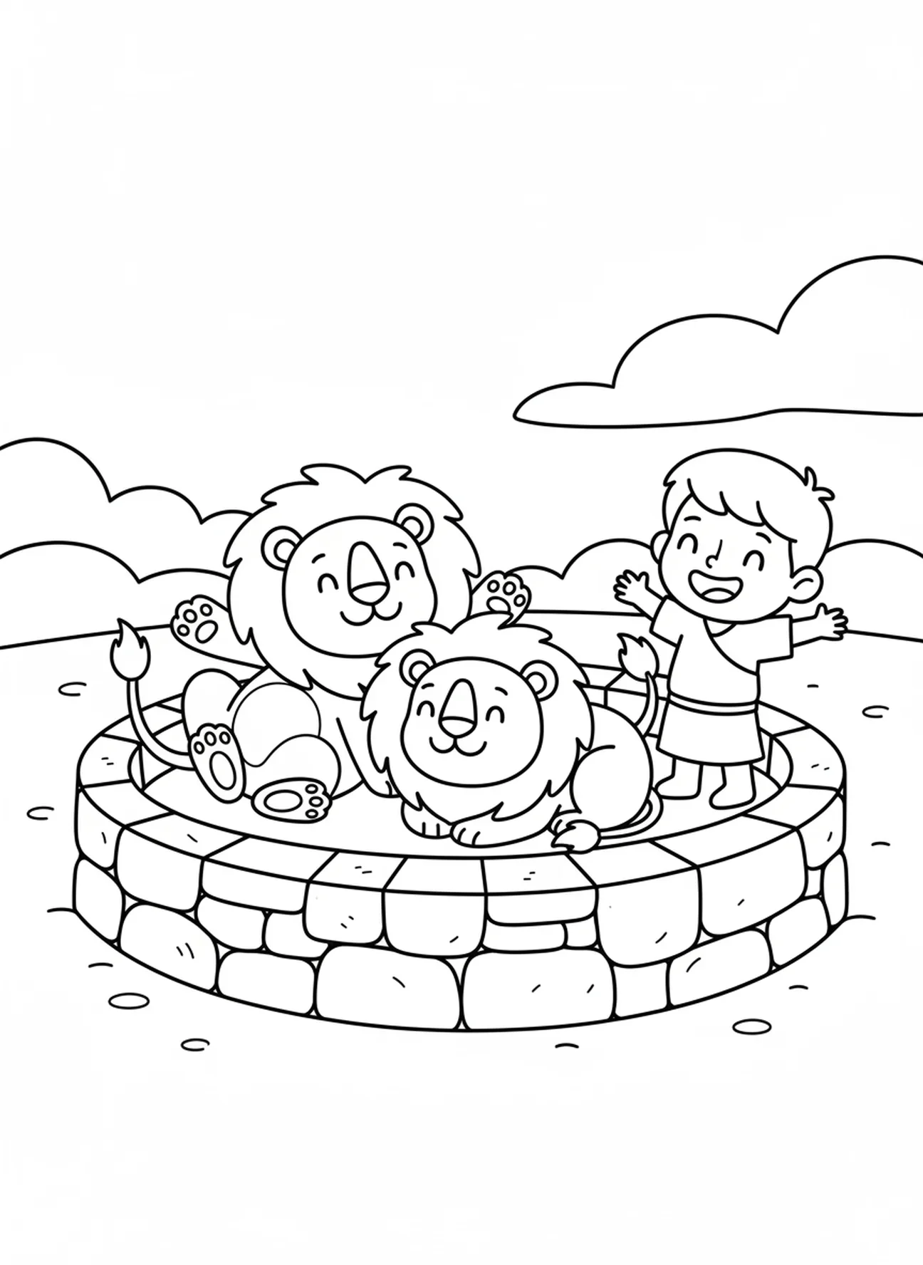 Zwei entspannte Cartoon-Löwen mit dem lächelnden Daniel in der Nähe, Daniel Löwengrube Engel schließt Löwenmäuler Ausmalbild für Vorschulkinder im Alter von 3-5 Jahren.