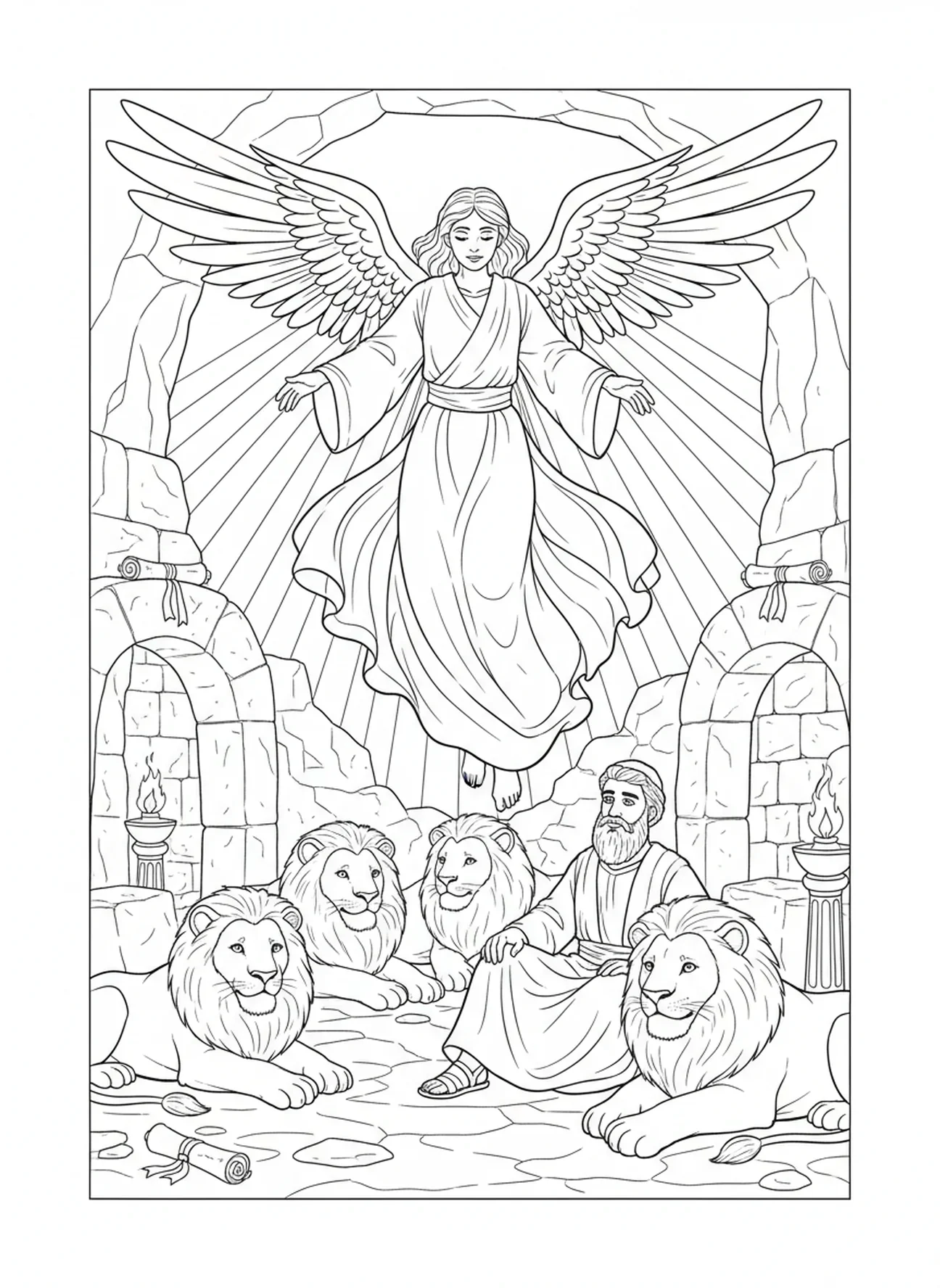Ángel descendiendo del cielo, página para colorear del ángel en el foso de los leones cerrando la boca de los leones para niños de Escuela Dominical de 5 a 12 años.