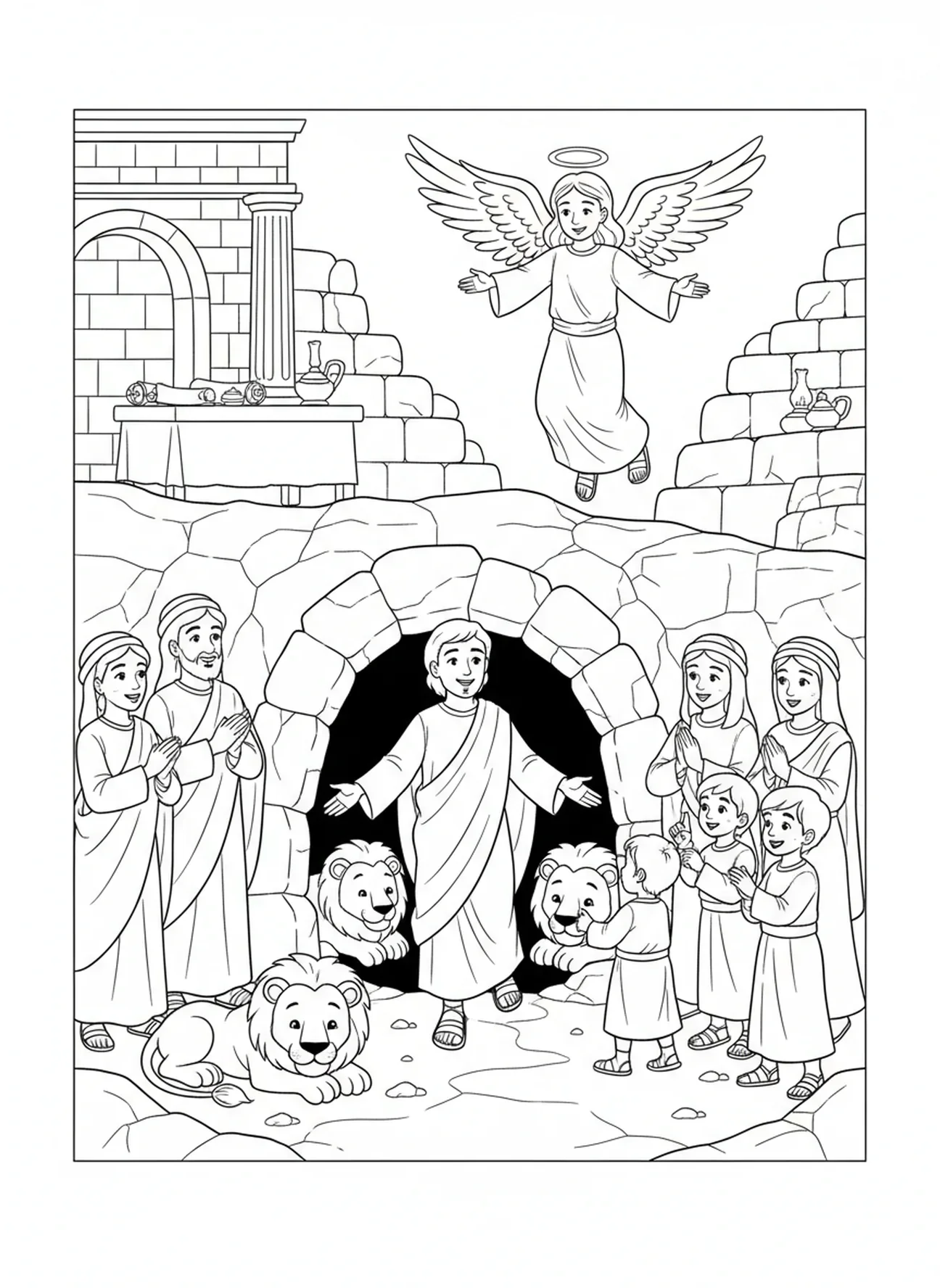 Daniel saliendo de la cueva, página para colorear de Daniel en el foso de los leones, el ángel cerrando las bocas de los leones para niños de Escuela Dominical de 5 a 12 años.