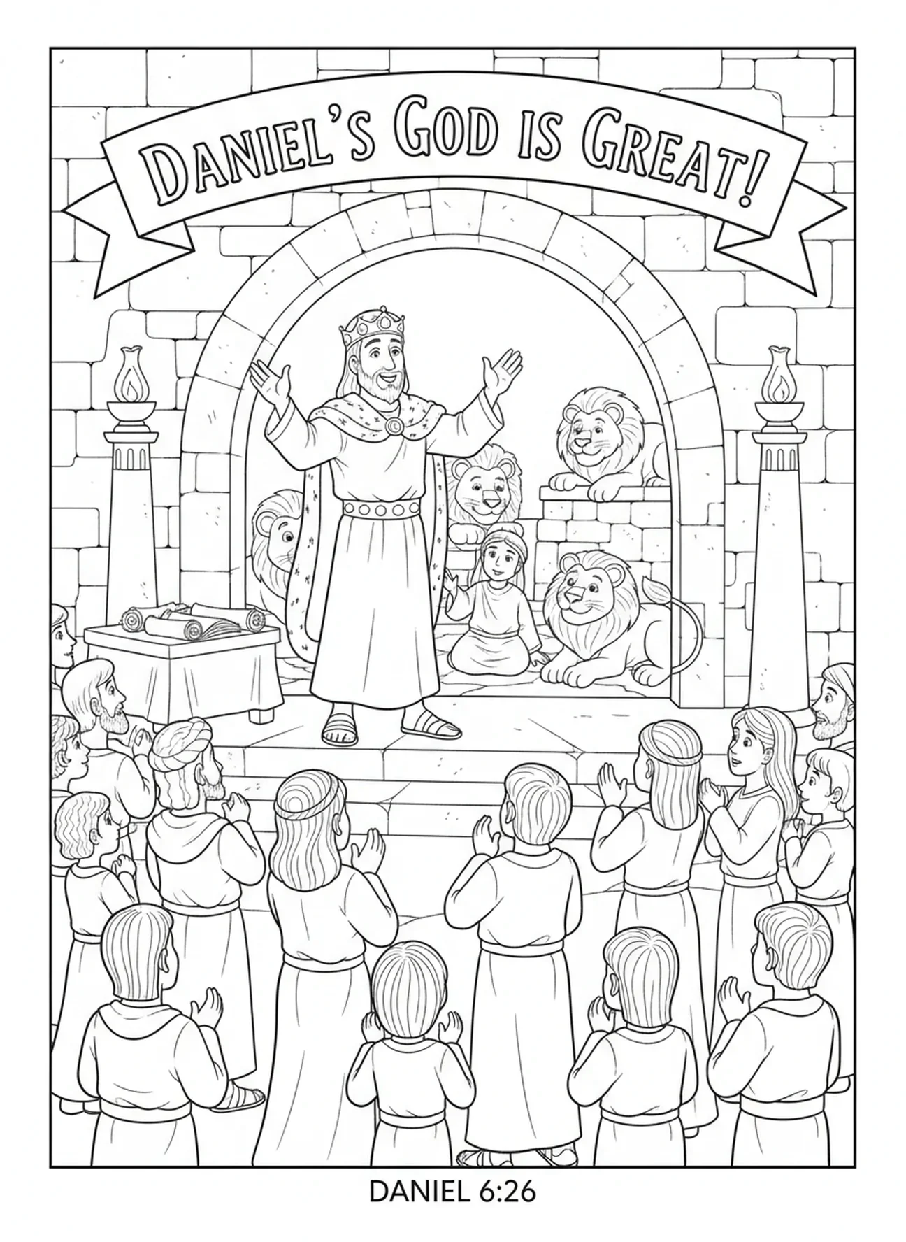 Rey proclamando la grandeza de Dios, página para colorear de Daniel en el foso de los leones con el ángel cerrando las bocas de los leones para niños de 5 a 12 años en Escuela Dominical.