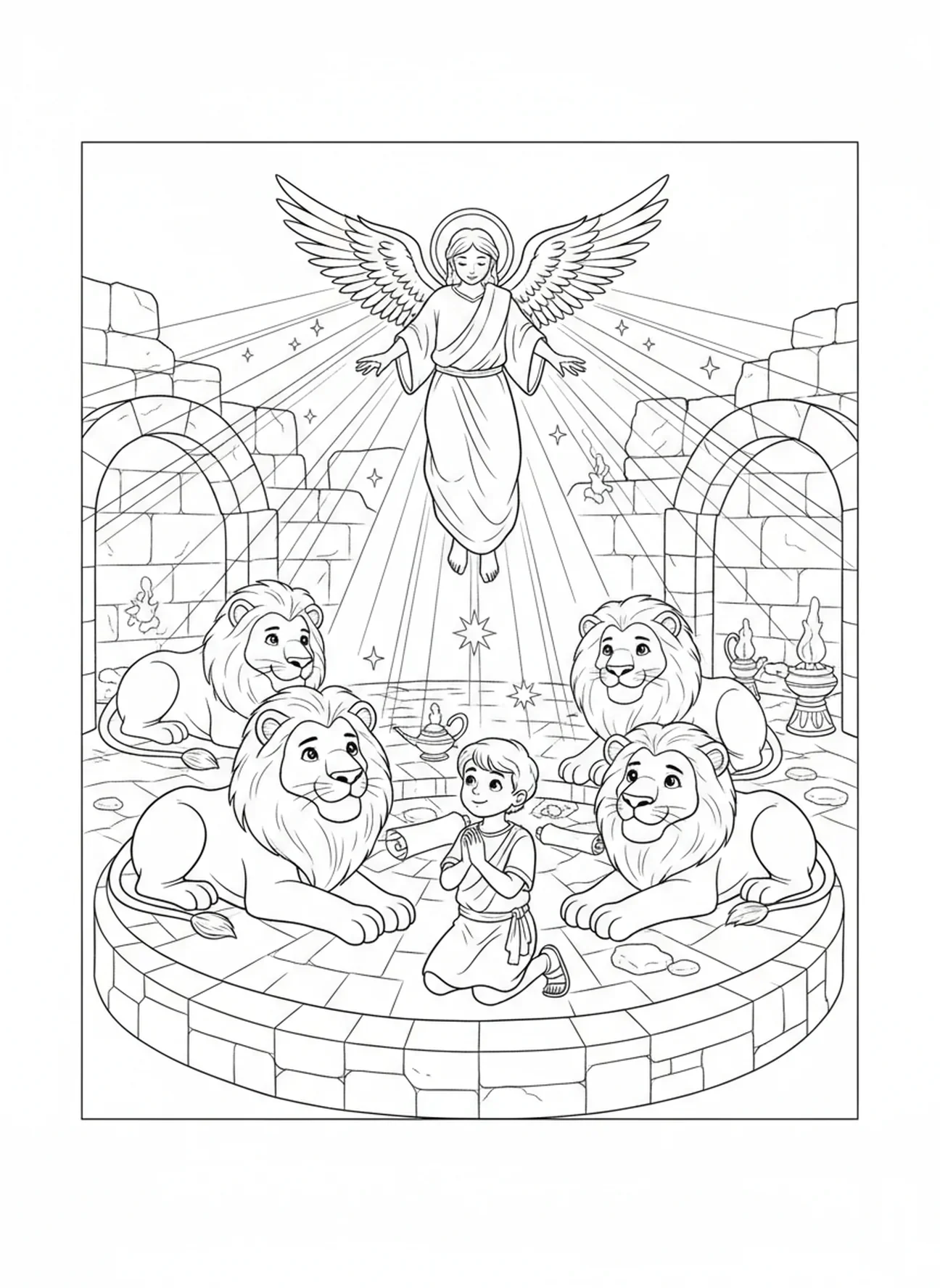 Leones pacíficos acostados junto a Daniel, página para colorear de Daniel en el foso de los leones con el ángel cerrando las bocas de los leones para niños de la Escuela Dominical de 5 a 12 años.