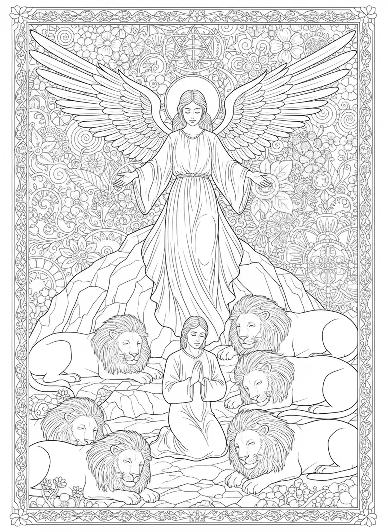 Engel über Daniel, Daniel in der Löwengrube Ausmalbild für Erwachsene im Bibel-Journaling-Stil