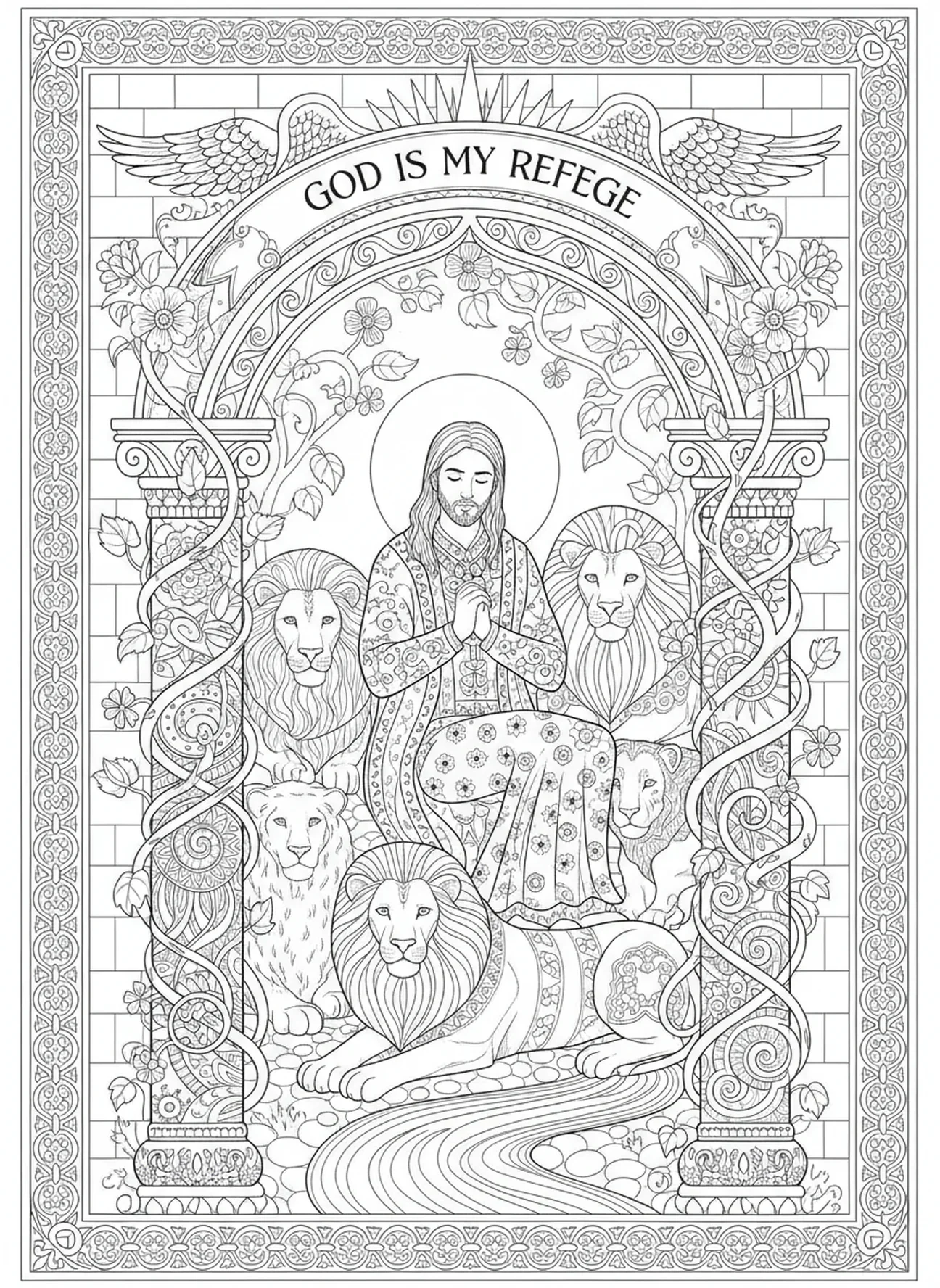 Eingang zur Löwengrube, Daniel Löwengrube Ausmalbild für Erwachsene im Bibel-Journaling-Stil