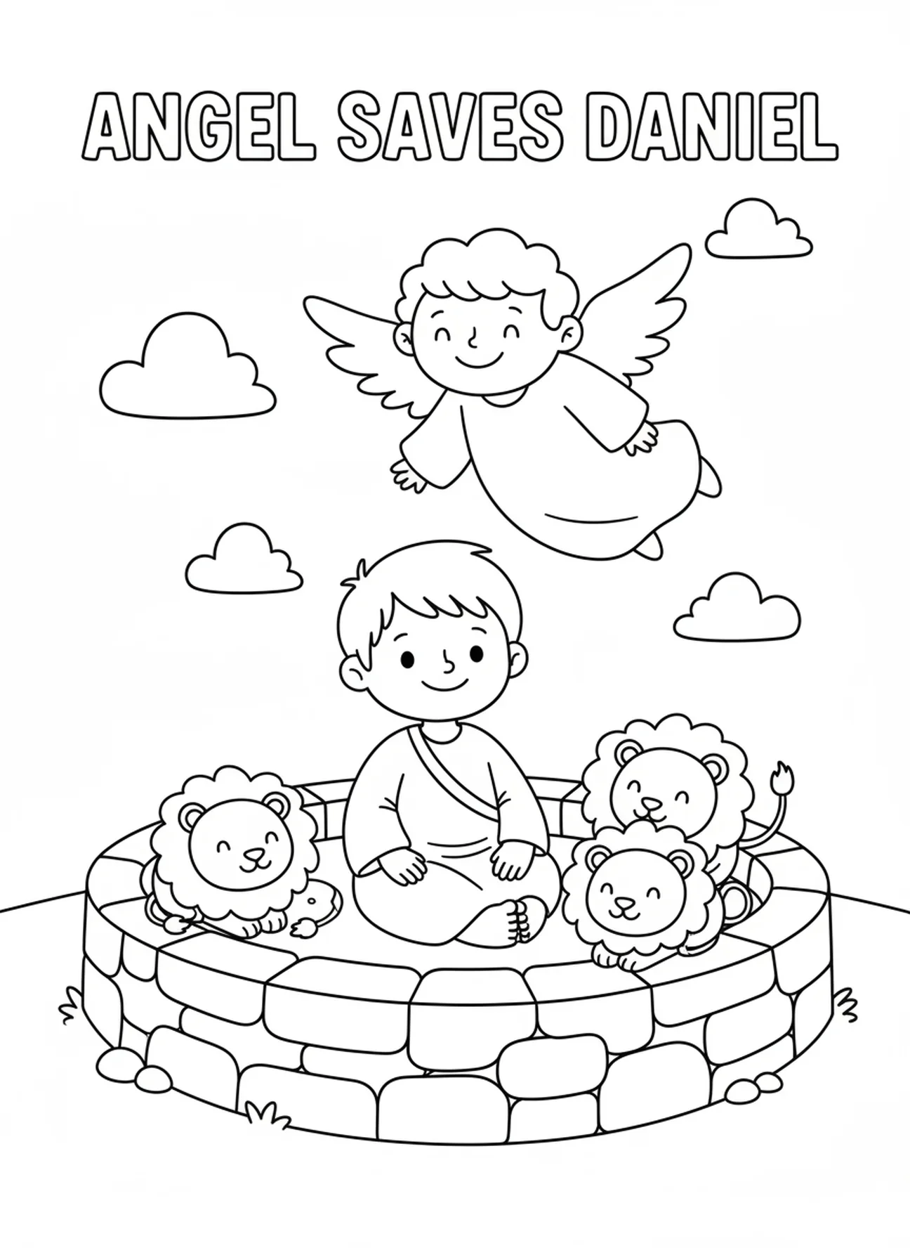 Lächelnder Engel über Daniel in der Steingrube, Daniel in der Löwengrube Malvorlage für Vorschulkinder im Alter von 3-5 Jahren.