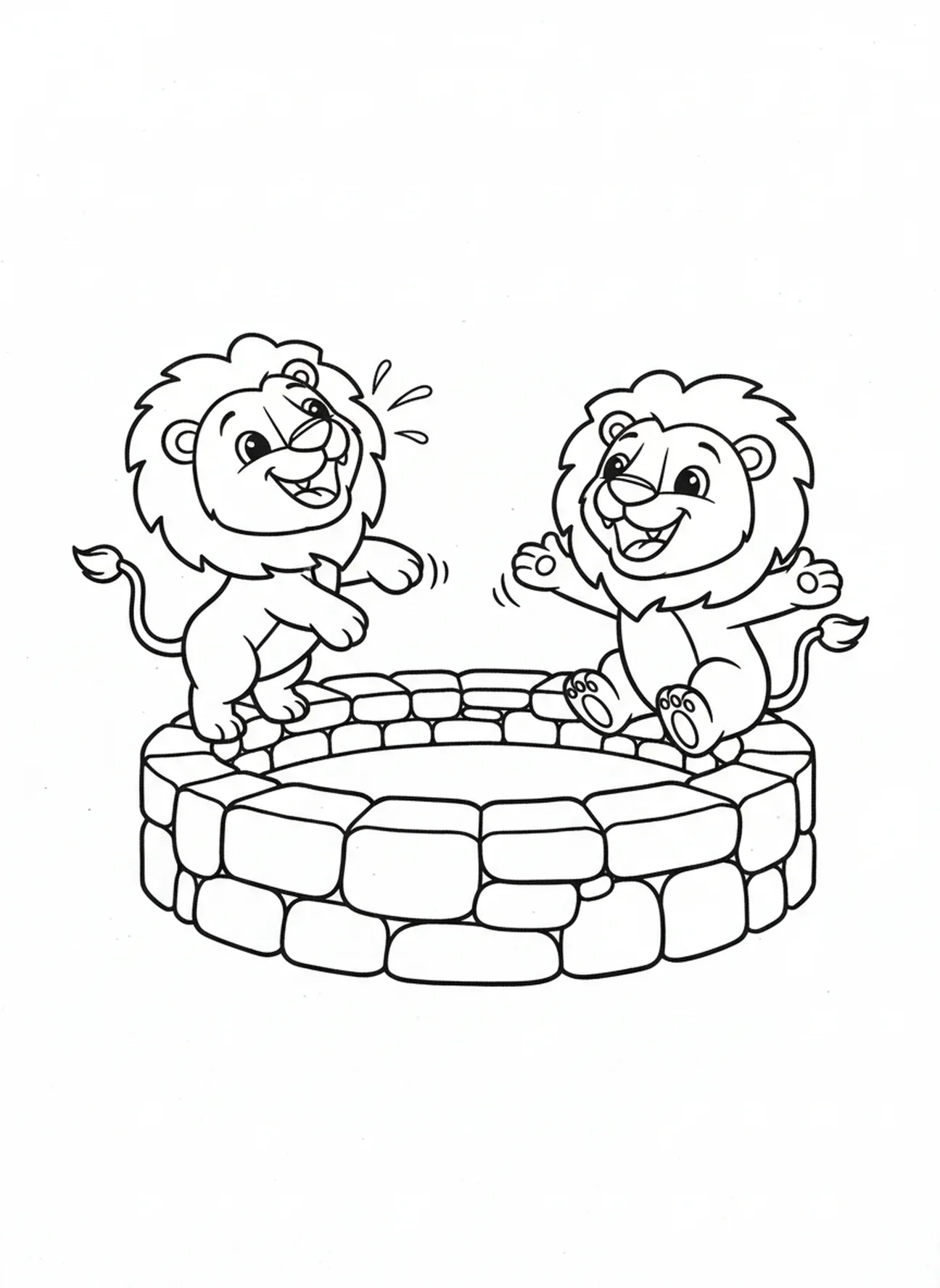 Zwei cartoonhafte Löwen, die verspielt brüllen, Daniel in der Löwengrube Malvorlage für Vorschulkinder im Alter von 3-5 Jahren.