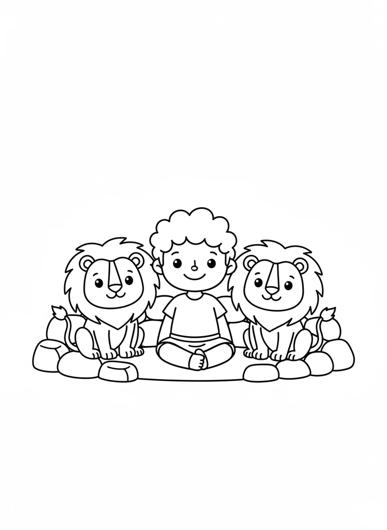 Zwei freundliche Löwen sitzen ruhig neben Daniel, Malvorlage für den Löwengraben für Vorschulkinder im Alter von 3-5 Jahren.