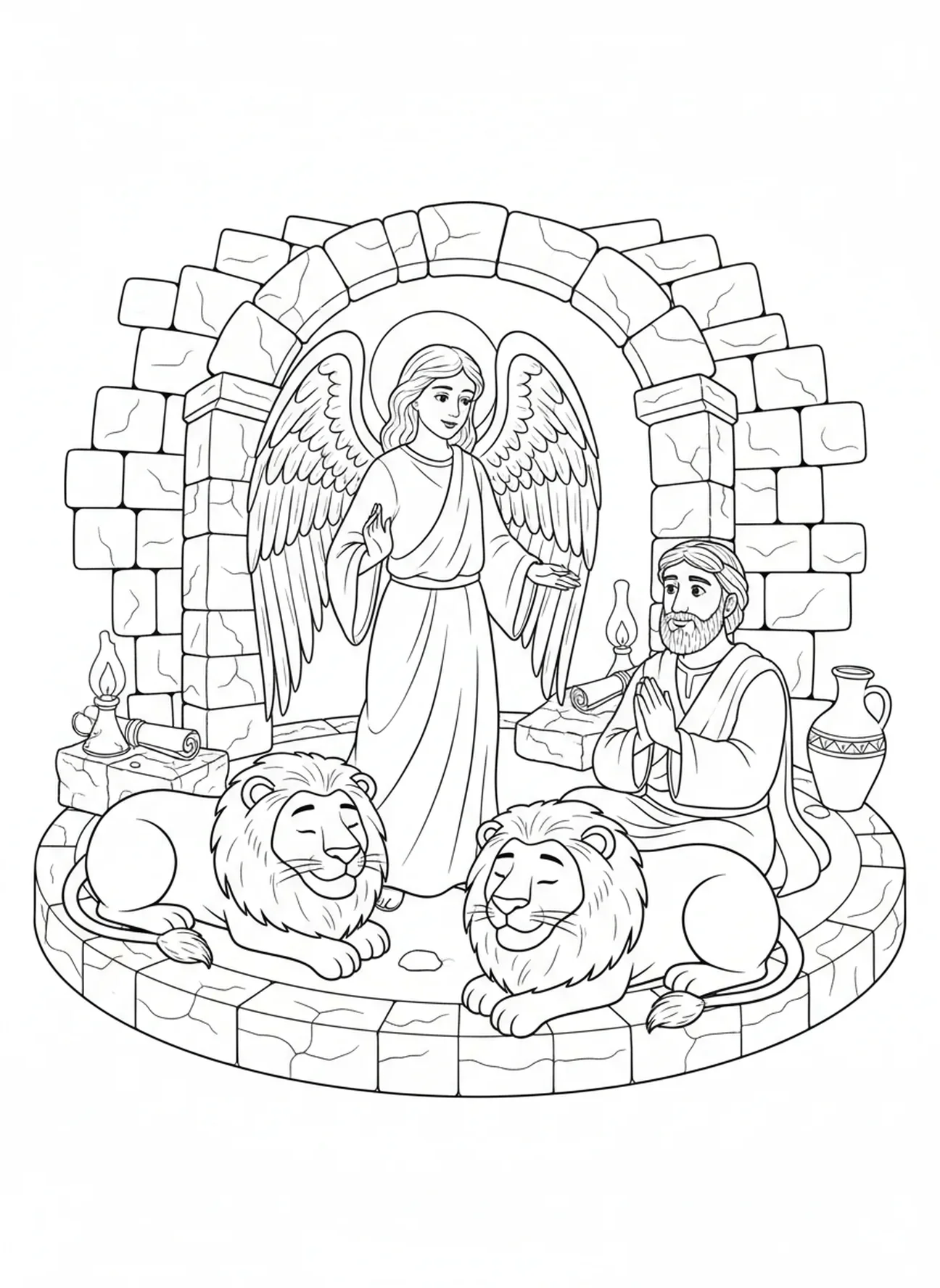 Engel erscheint in der Grube, Daniel in der Löwengrube Ausmalbild für Sonntagsschulkinder im Alter von 5-12 Jahren.