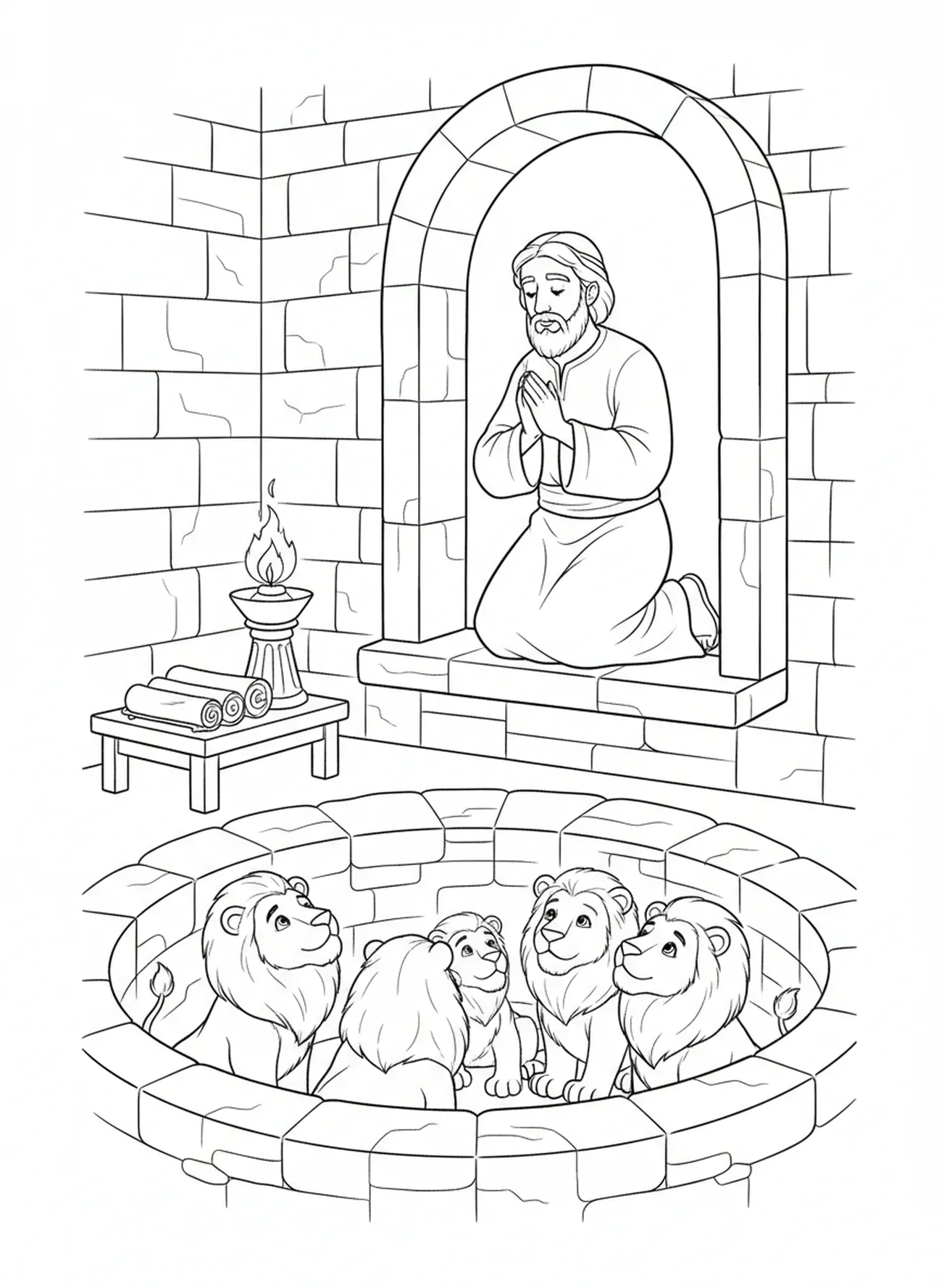 Daniel betet am Fenster, Ausmalbild von Daniel in der Löwengrube für Kinder in der Sonntagsschule im Alter von 5-12 Jahren.