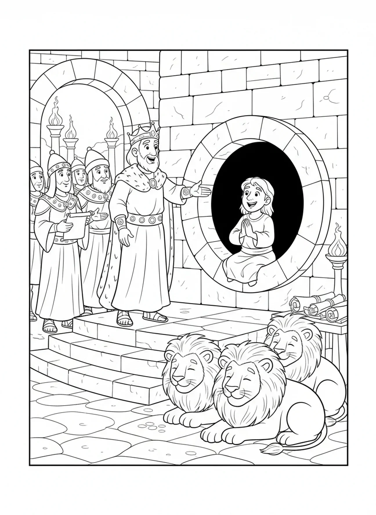 Daniel wird aus der Löwengrube gerettet, Ausmalbild von Daniel in der Löwengrube für Sonntagsschulkinder im Alter von 5-12 Jahren.