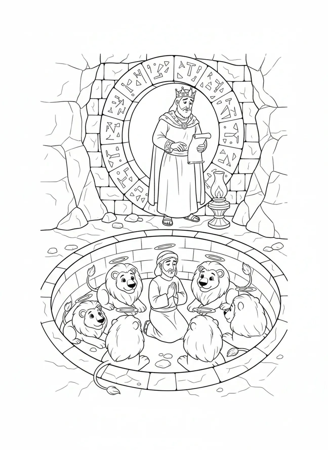 König Darius, der über die Grube wacht, Daniel in der Löwengrube Ausmalbild für Sonntagsschulkinder im Alter von 5-12 Jahren.