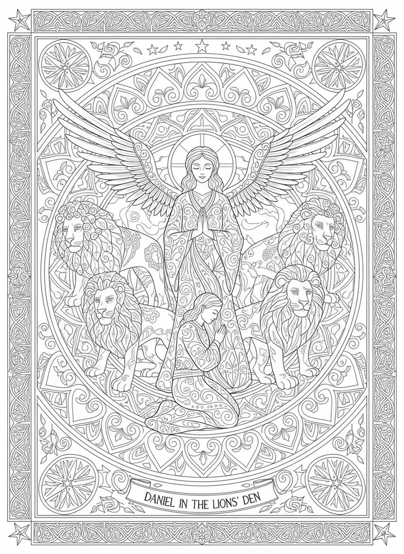 Engel erscheint Daniel, Daniels Löwengrube, Daniel betet am Fenster Ausmalbild für Erwachsene im Bibel-Journaling-Stil