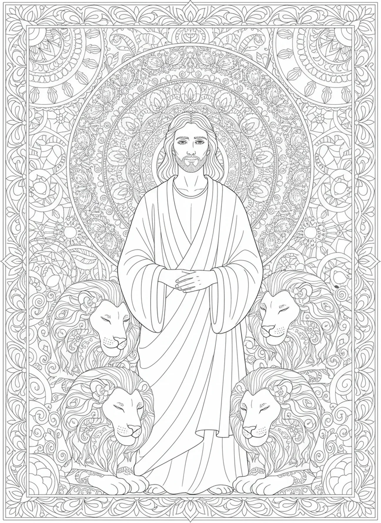 Daniel, der aus der Löwengrube kommt, Daniel Löwengrube Daniel betend am Fenster Ausmalbild für Erwachsene im Bibel-Journaling-Stil